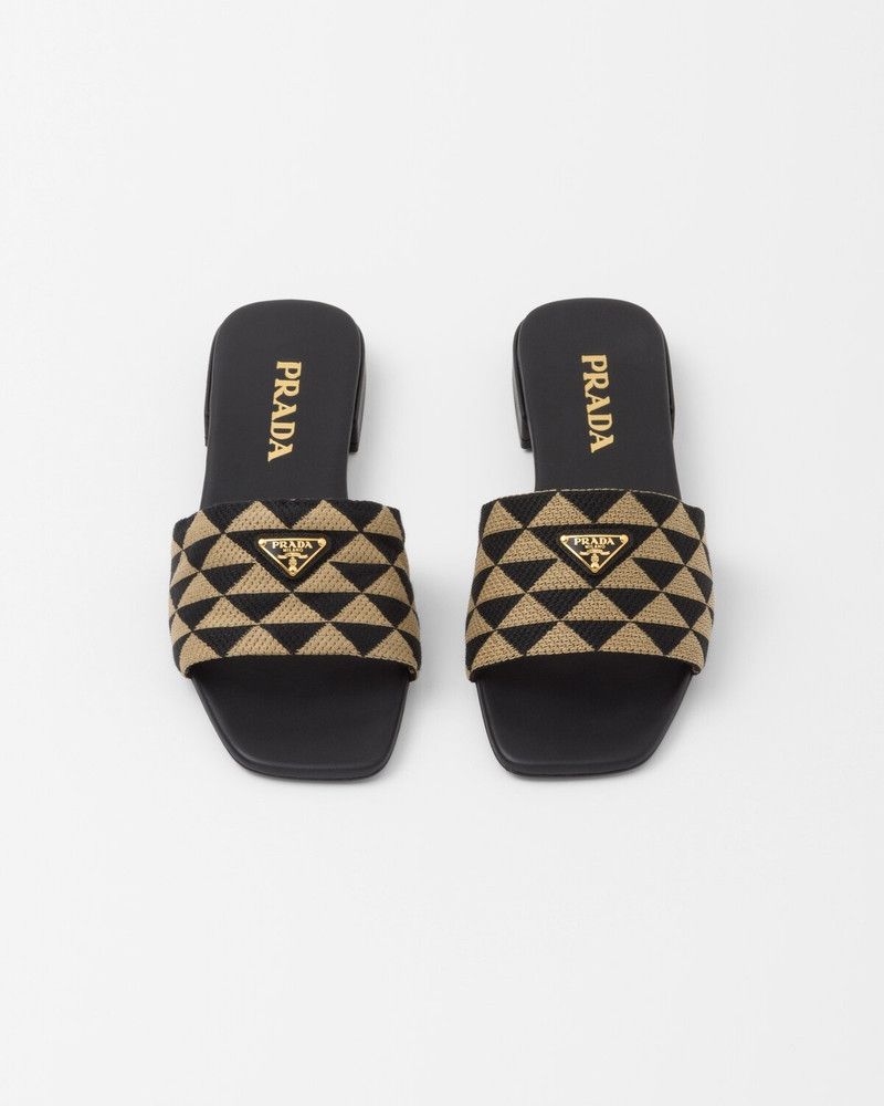 Prada o1B3y1r0526 Embroidered Fabric Slides in Black/Beige Size US 8 / IT 38 - 4 Thumbnail