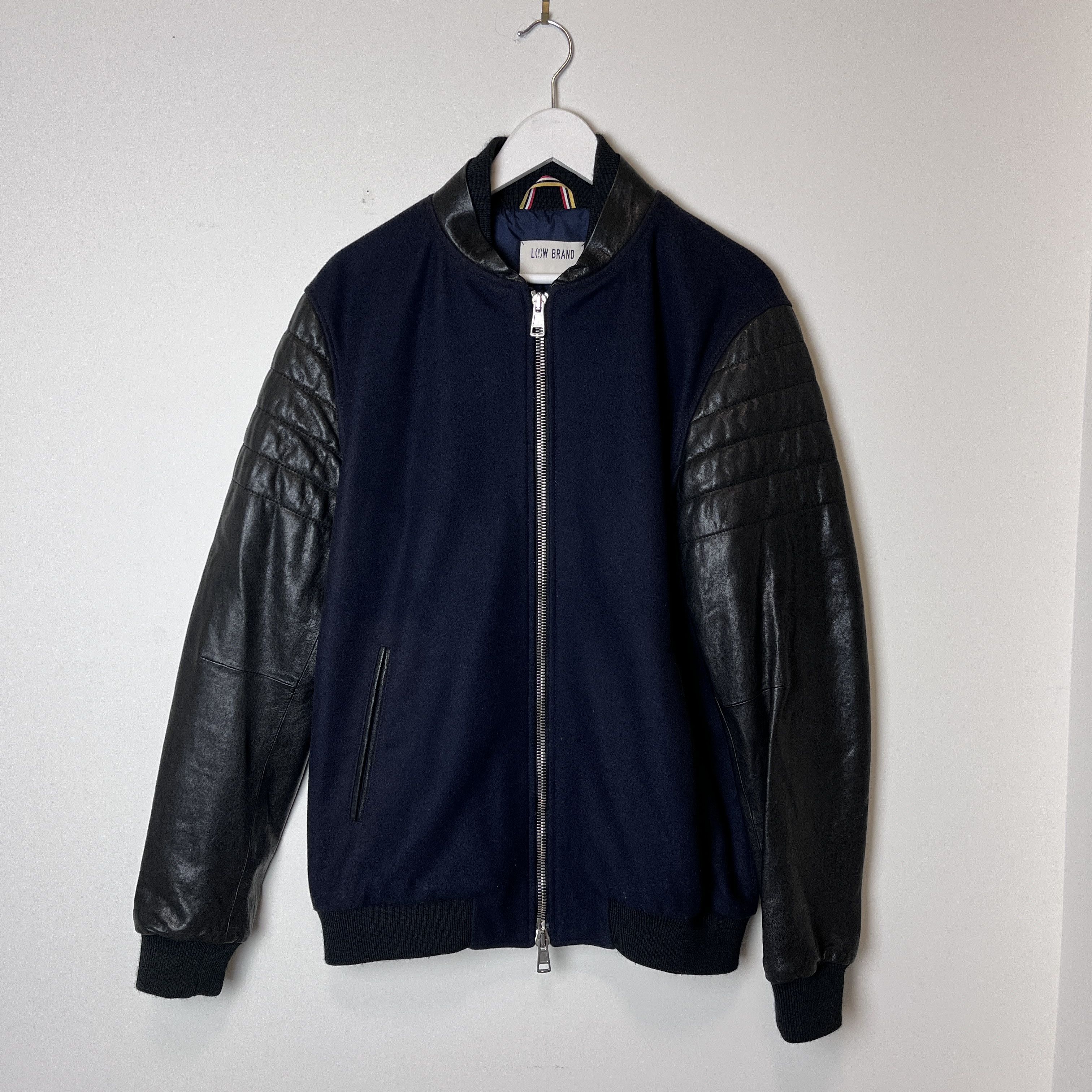 image of Low Brand Leather Sleeve Bomber in Navy, Men's (Size Large)