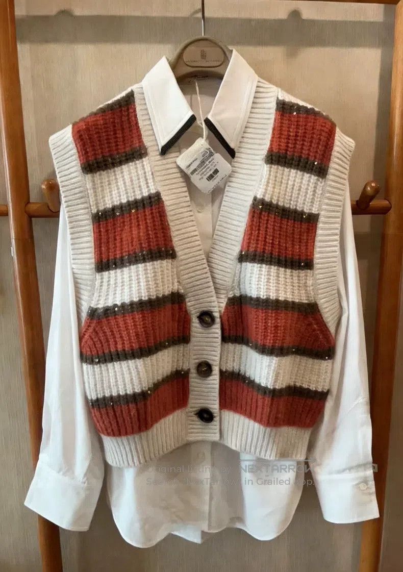 Brunello Cucinelli Brunello Cucinelli Sequined stripe cashmere and mohair ves Size M / US 6-8 / IT 42-44 - 7 Thumbnail