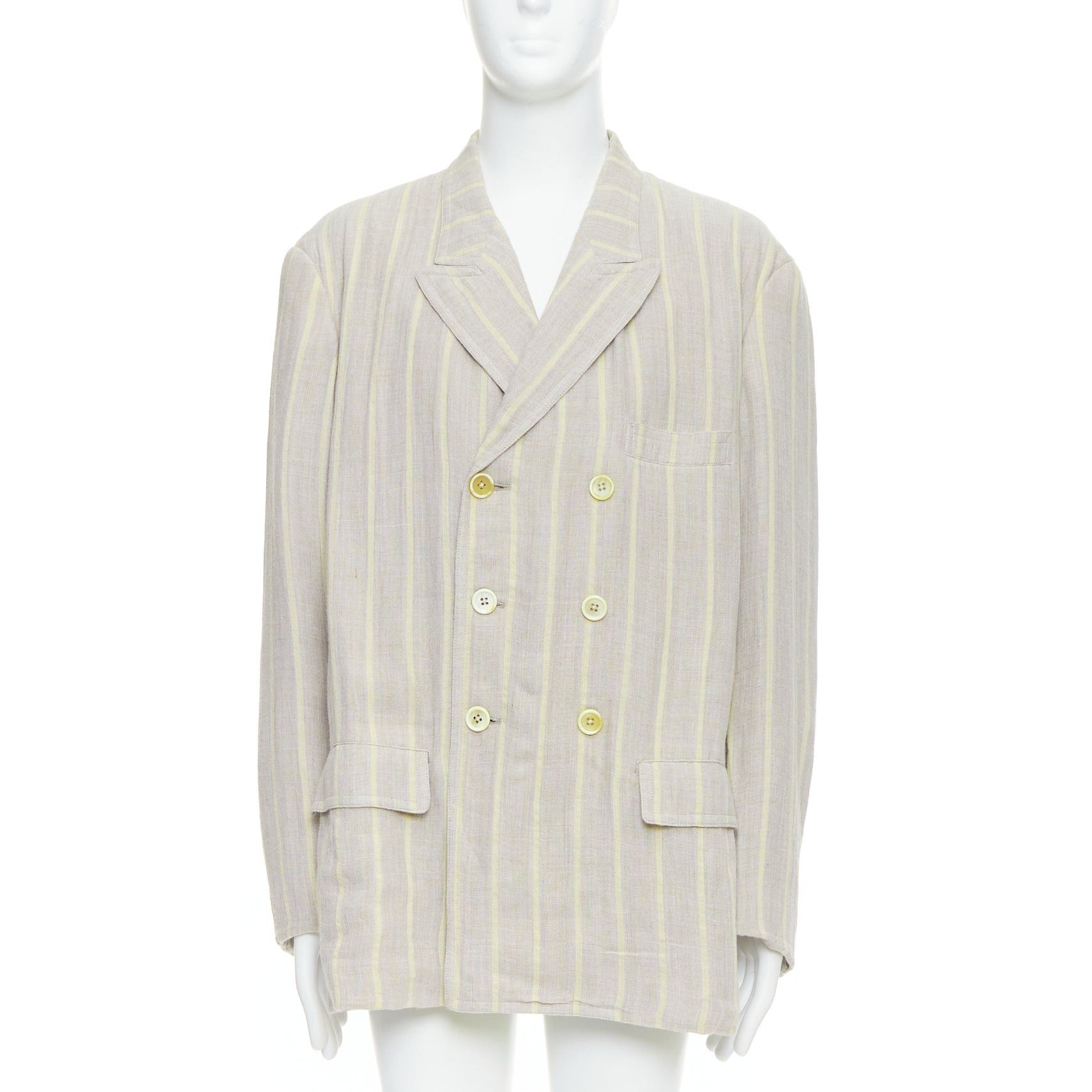 Yohji Yamamoto YOHJI YAMAMOTO stone grey cream striped rayon linen double breasted blazer M Size 48R - 1 Thumbnail