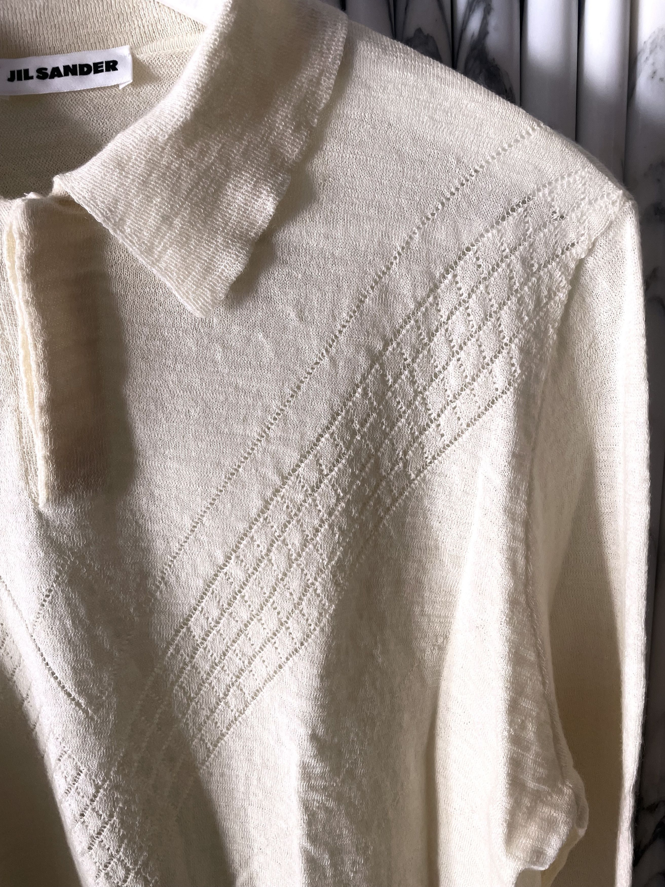 Jil Sander CHEVRON LADDER STITCHED OFF WHITE WOOL POLO SWEATER Size US M / EU 48-50 / 2 - 5 Thumbnail
