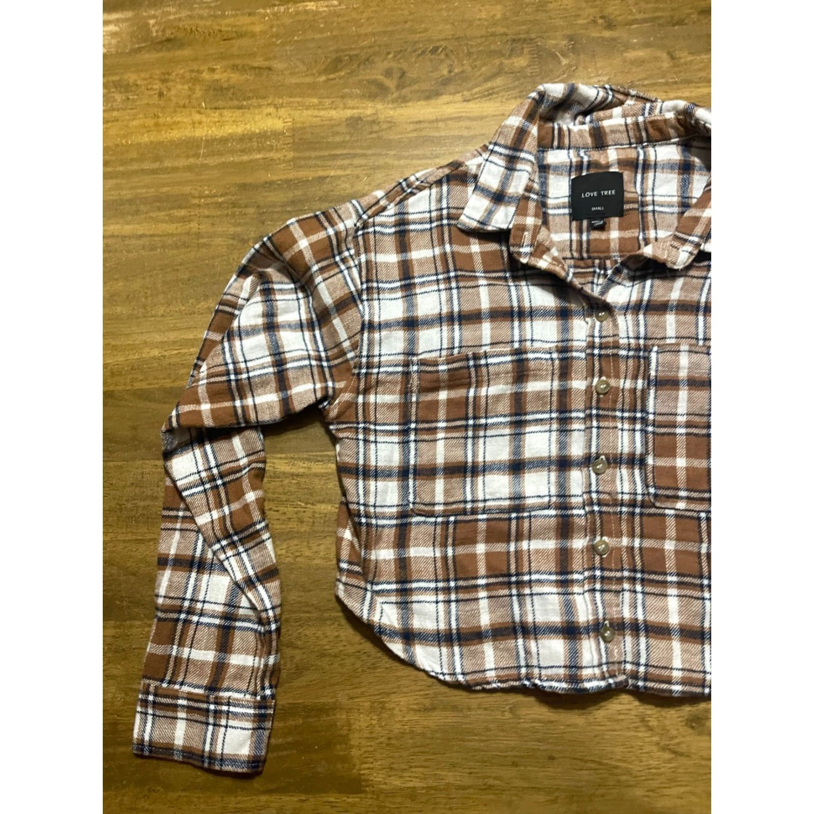 Vintage Love Tree Shirt Womens Small Crop Top Button Up Plaid Brown White Black Cropped Fall Spring Long Sleeve Collared Button-Down Womens Size S / US 4 / IT 40 - 3 Thumbnail