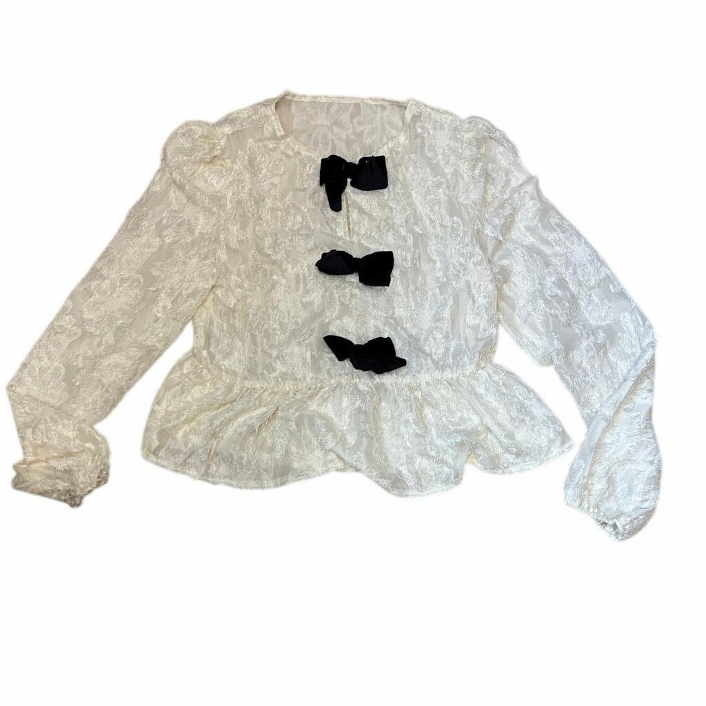 Other Sheer lace long sleeve white peplum ruffle black bow blouse Size S / US 4 / IT 40 - 4 Thumbnail