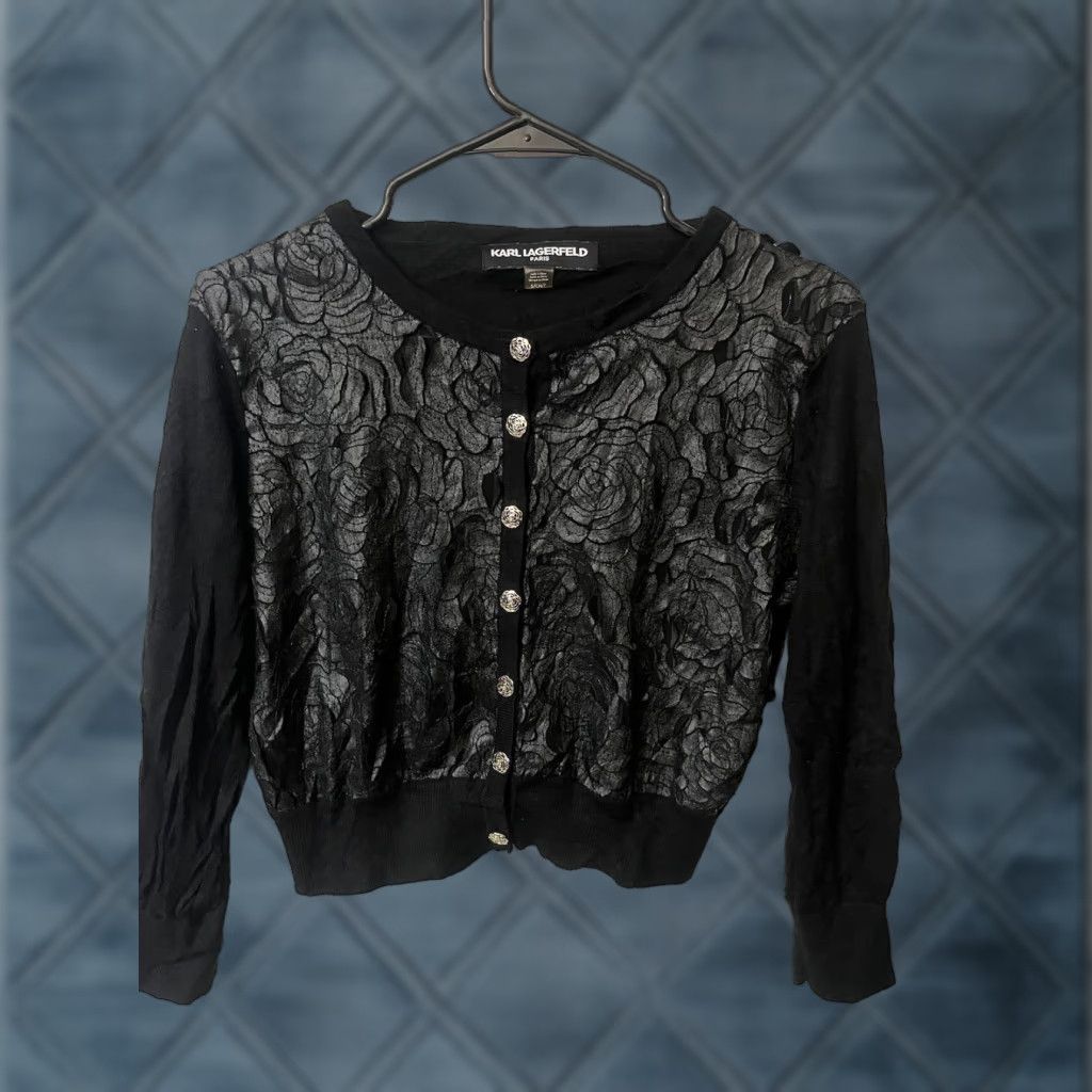Karl Lagerfeld Karl Lagerfeld Womens Cardigan Sweater Sz Small Black Laser Cut Rose Floral Pattern Pockets Button Up Size S / US 4 / IT 40 - 1 Thumbnail
