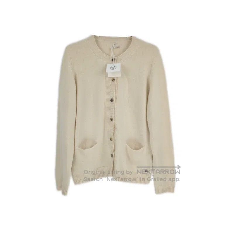 Hermes Beige Metallic Logo Cashmere Cardigan