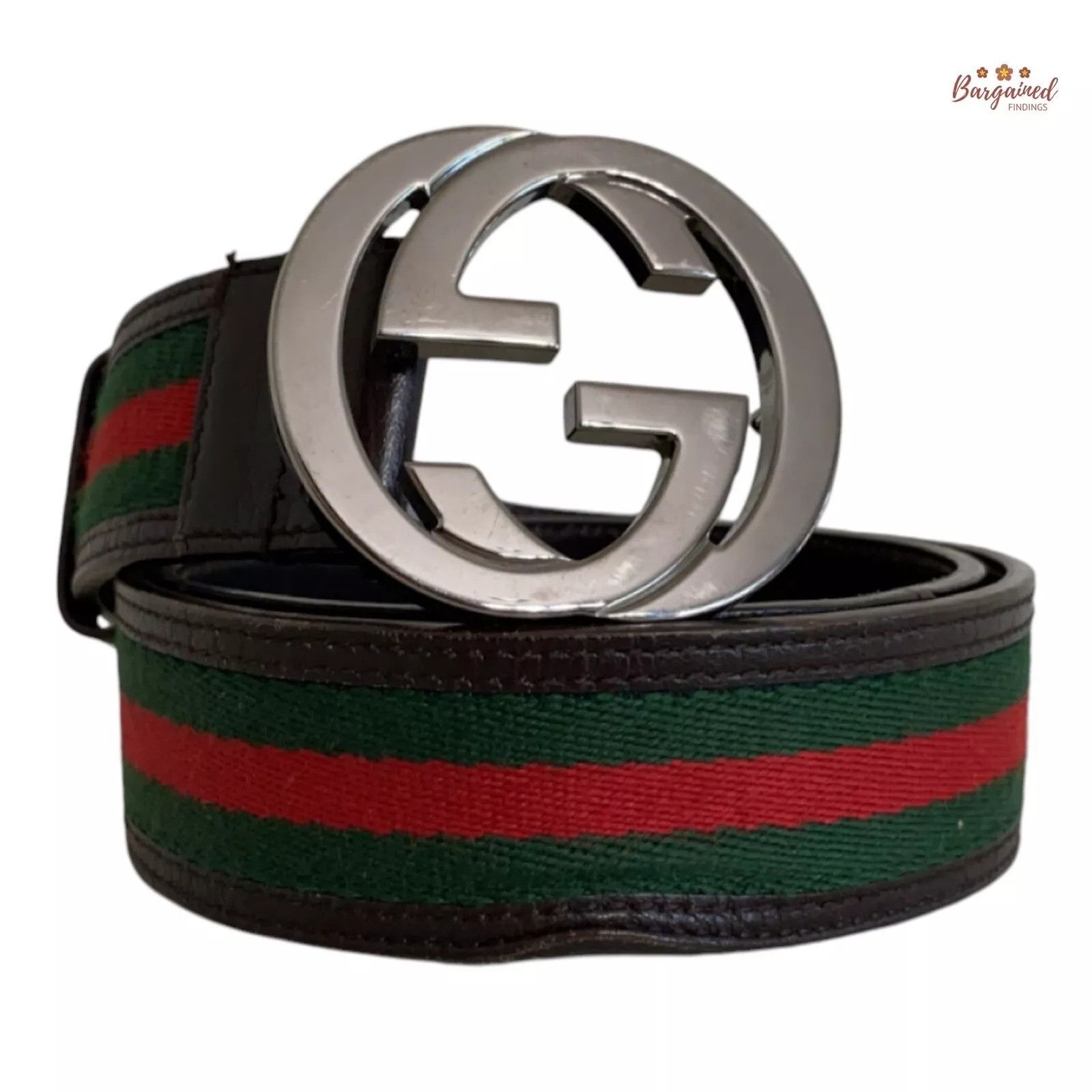 Gucci Gucci Web Green/Red Canvas Silver Interlocking G Buckle Belt Size 30 - 1 Thumbnail