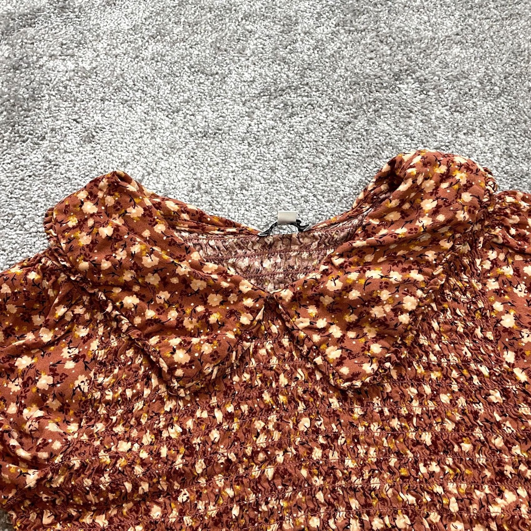 Vintage Rabbit Rose Blouse Cropped Peasant Top Womens XL Brown Floral Stretch Collared Size XL / US 12-14 / IT 48-50 - 5 Thumbnail