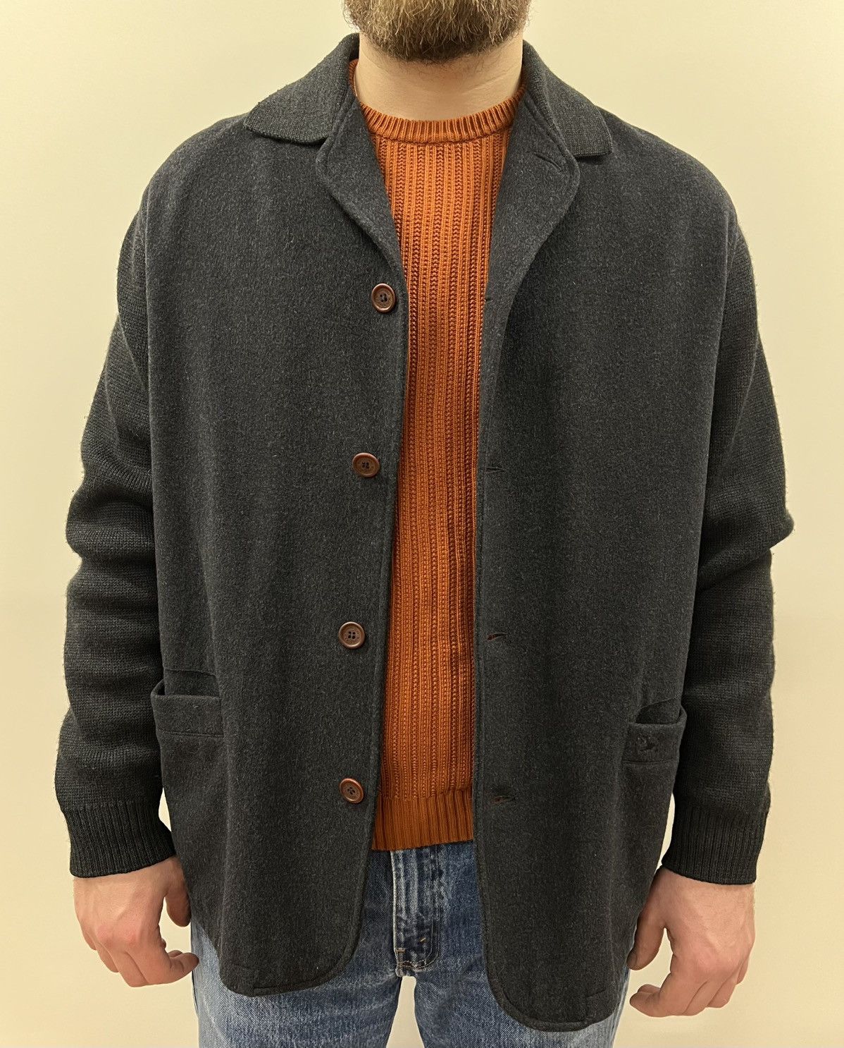 Burberry × Vintage Burberry Wool Gray Jacket Knit Sleeve Coat Size US L / EU 52-54 / 3 - 17 Thumbnail