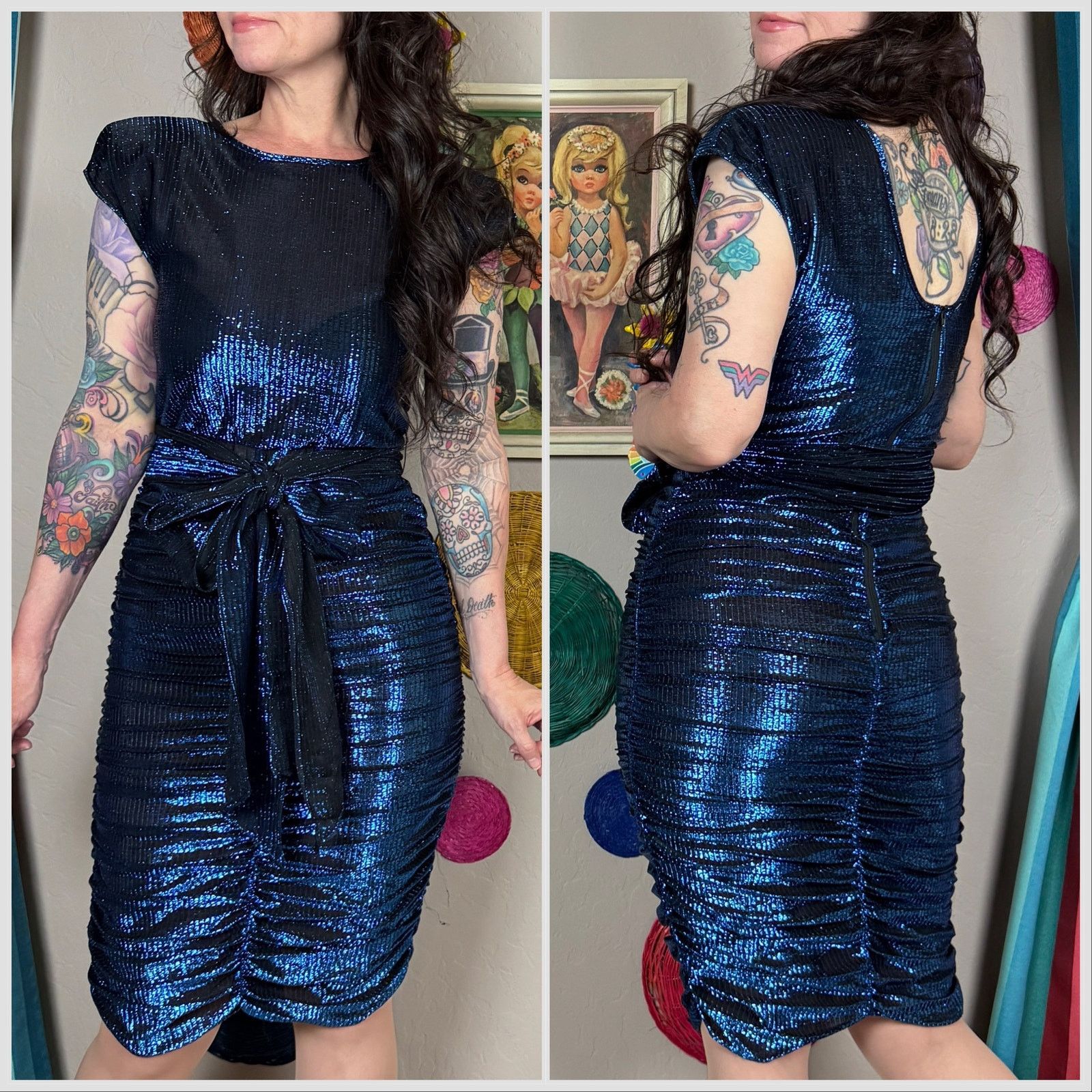 Vintage Vintage 1980s Metallic Blue Lurex Ruched Mini Disco Dress Size XS / US 0-2 / IT 36-38 - 3 Thumbnail