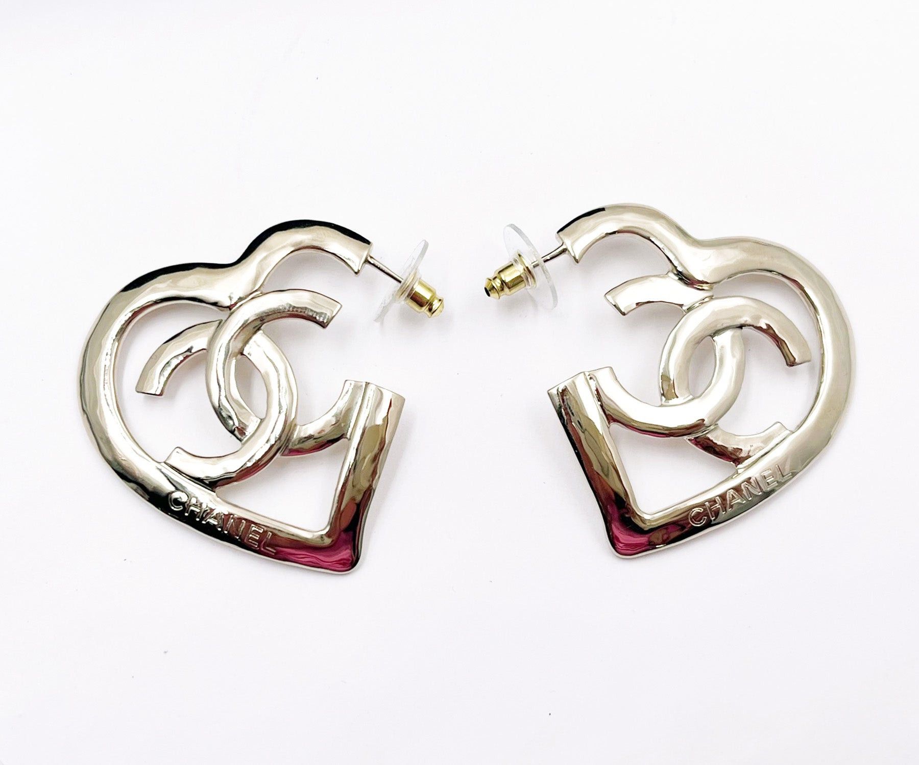 image of Chanel Light Gold Open Heart Large Piercing Earrings, Women's