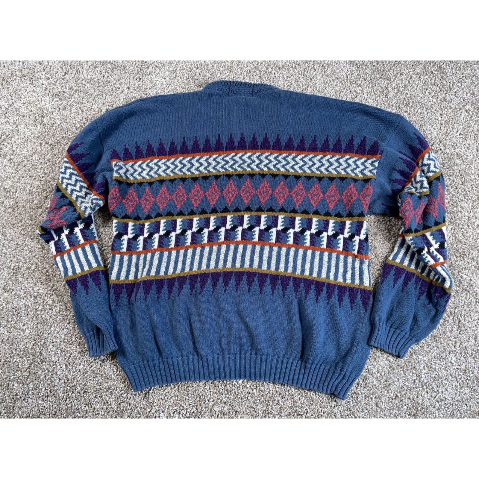 Vintage VINTAGE Geometric Pattern Sweater Mens XL Blue 90s Chunky Knit Ramie-Cotton-Acrylic Heavyweight Size US XL / EU 56 / 4 - 2 Thumbnail