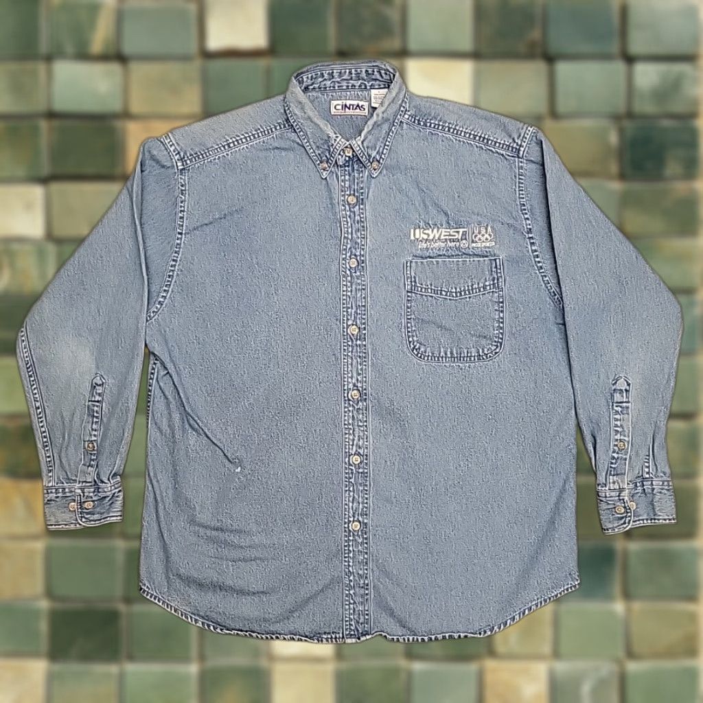 Denime VINTAGE US West Olympic Sponsor Shirt Mens Large Blue Denim Long Sleeve Button-Down Collared Shirt Size US L / EU 52-54 / 3 - 1 Thumbnail