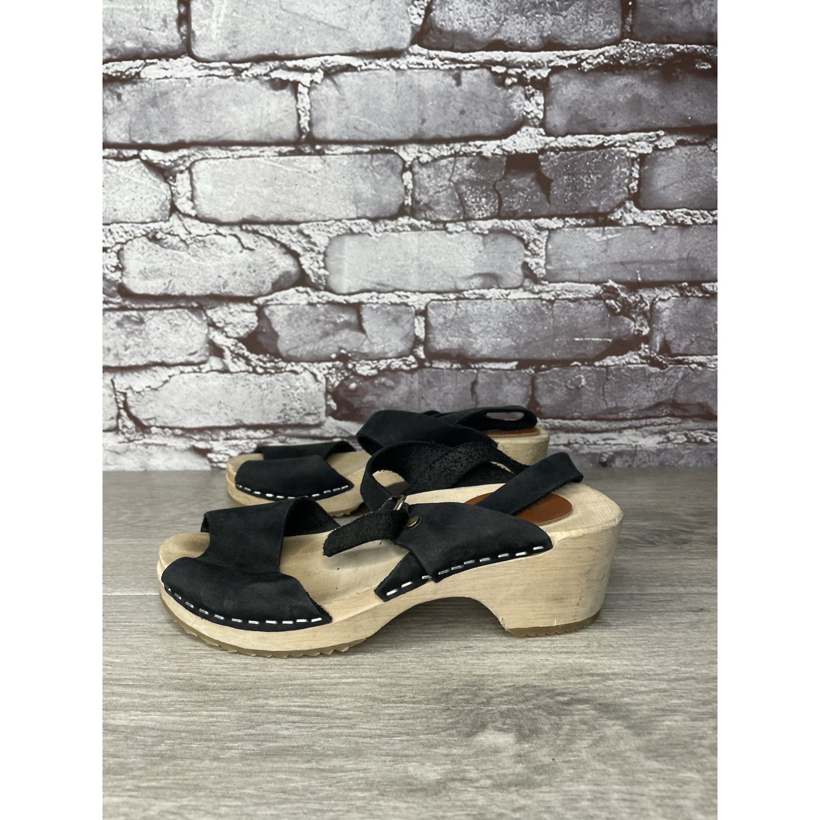 Other Mabo Black Leather Peep Toe Strap Sweden Clogs Heel Sandals Size US 4 / IT 34 - 14 Thumbnail