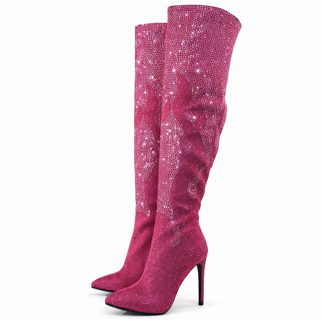 Other Like It Hot Fuchsia Rhinestone Flame Detail Sexy OTK High He Size US 7.5 / IT 37.5 - 1 Thumbnail