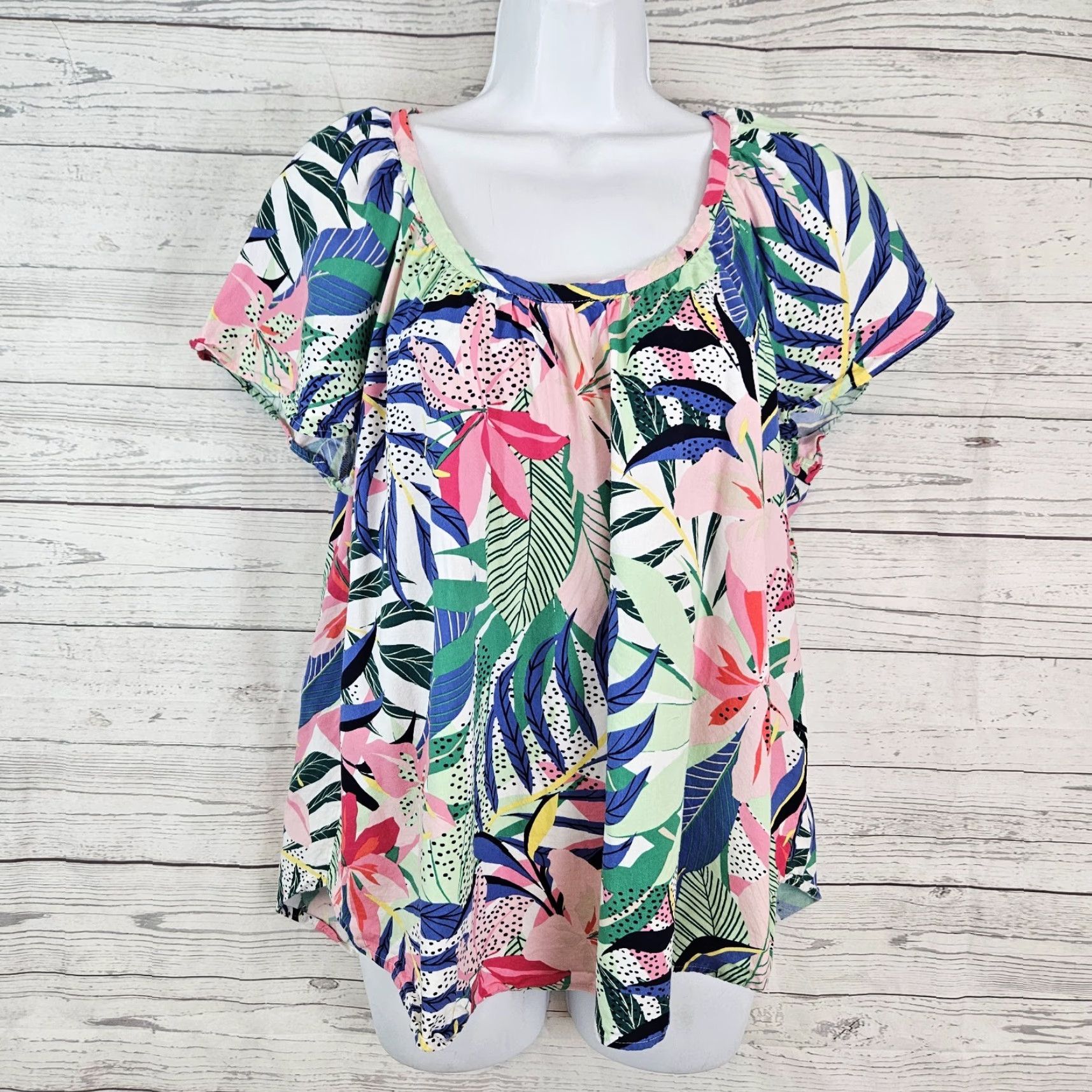 Loft Ann Taylor LOFT Womens Top Sz Large Blue Pink Floral Scoop Neck Cotton Rayon Blouse Shirt Multicolor L Womens Size L / US 10 / IT 46 - 2 Thumbnail