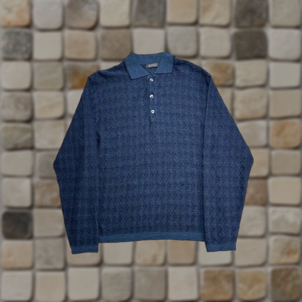 Vintage Segreto Mens Polo Sweater Diamond Textured Knit Wool Blue M Adult Regular Size US M / EU 48-50 / 2 - 1 Thumbnail