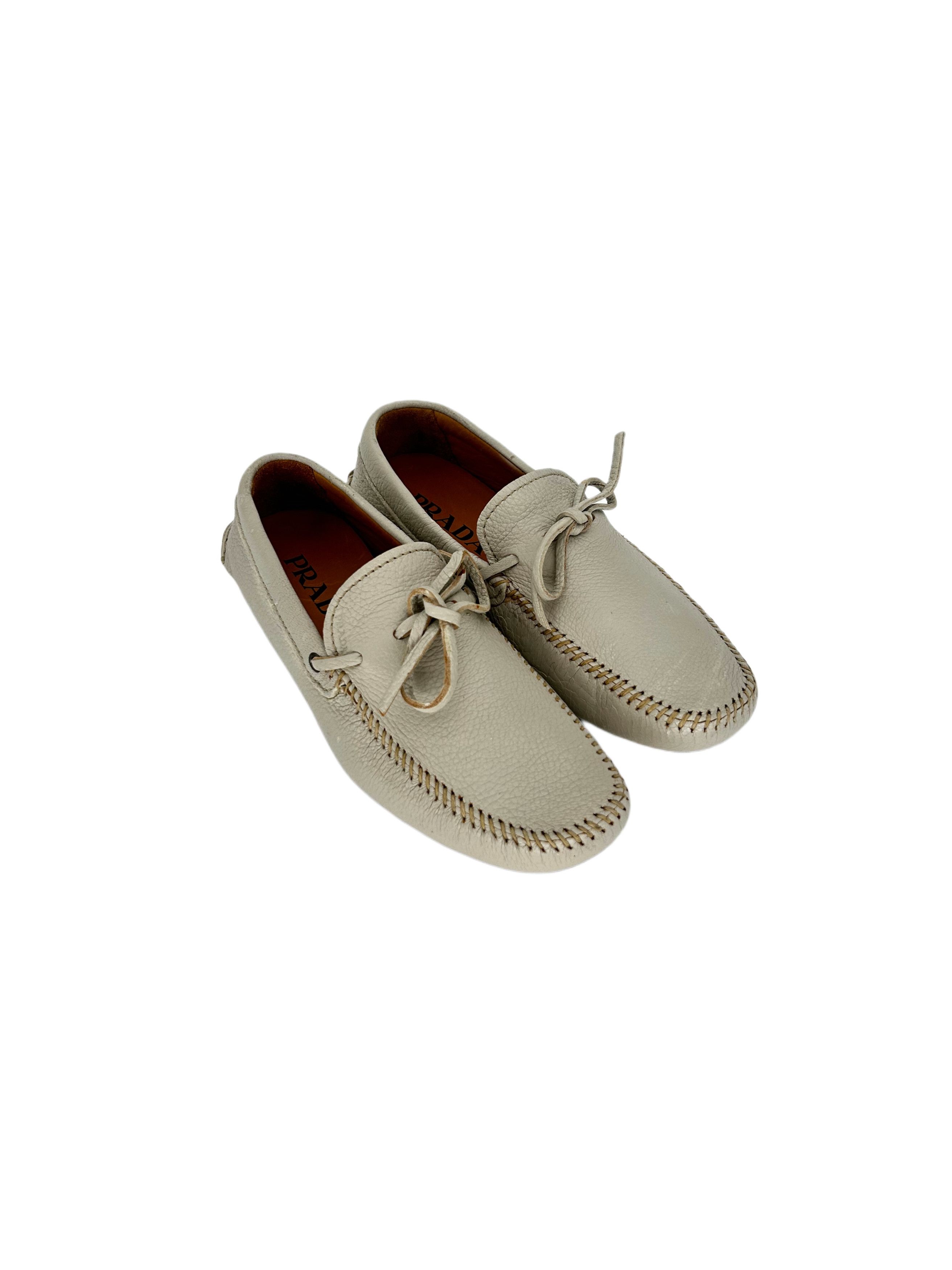 Prada Prada Off White Grain Leather 'Driver' Shoe With Lace Detail Size US 6 / EU 39 - 1 Thumbnail