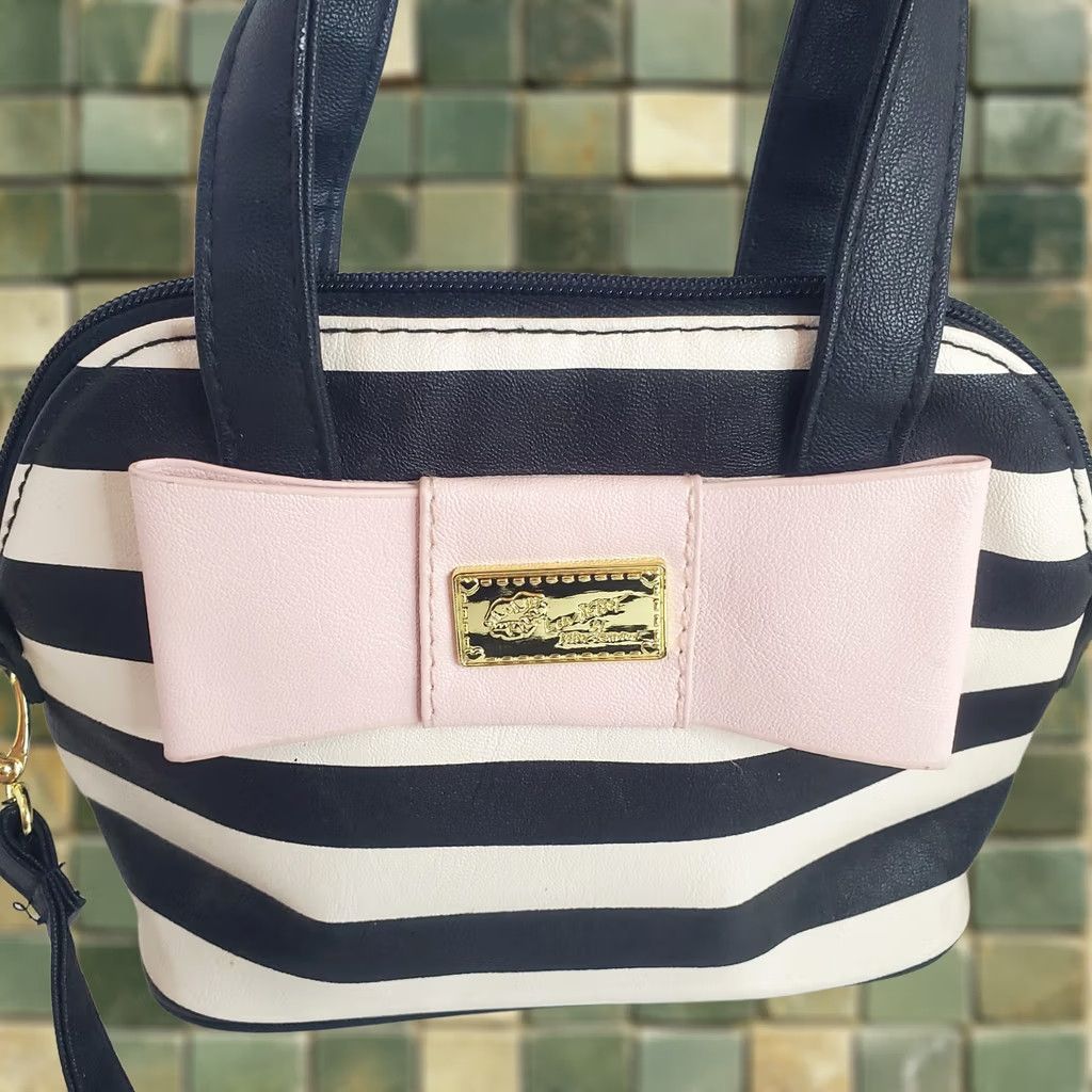 Vintage Luv Betsy by Betsy Johnson Crossbody Bag Mini Striped Black White Pink Exterior Faux Leather Womens Size ONE SIZE - 1 Thumbnail