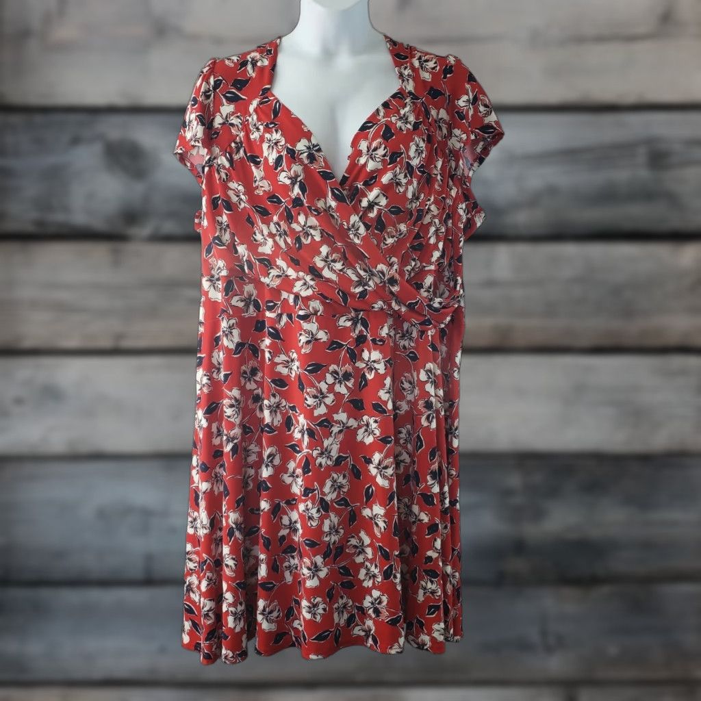Vintage Leota for Dia & Co Womens Faux Wrap Dress Sz 5L Red Floral Short Sleeve Midi Dress Mens? Size 27" / US 4 / IT 40 - 1 Thumbnail