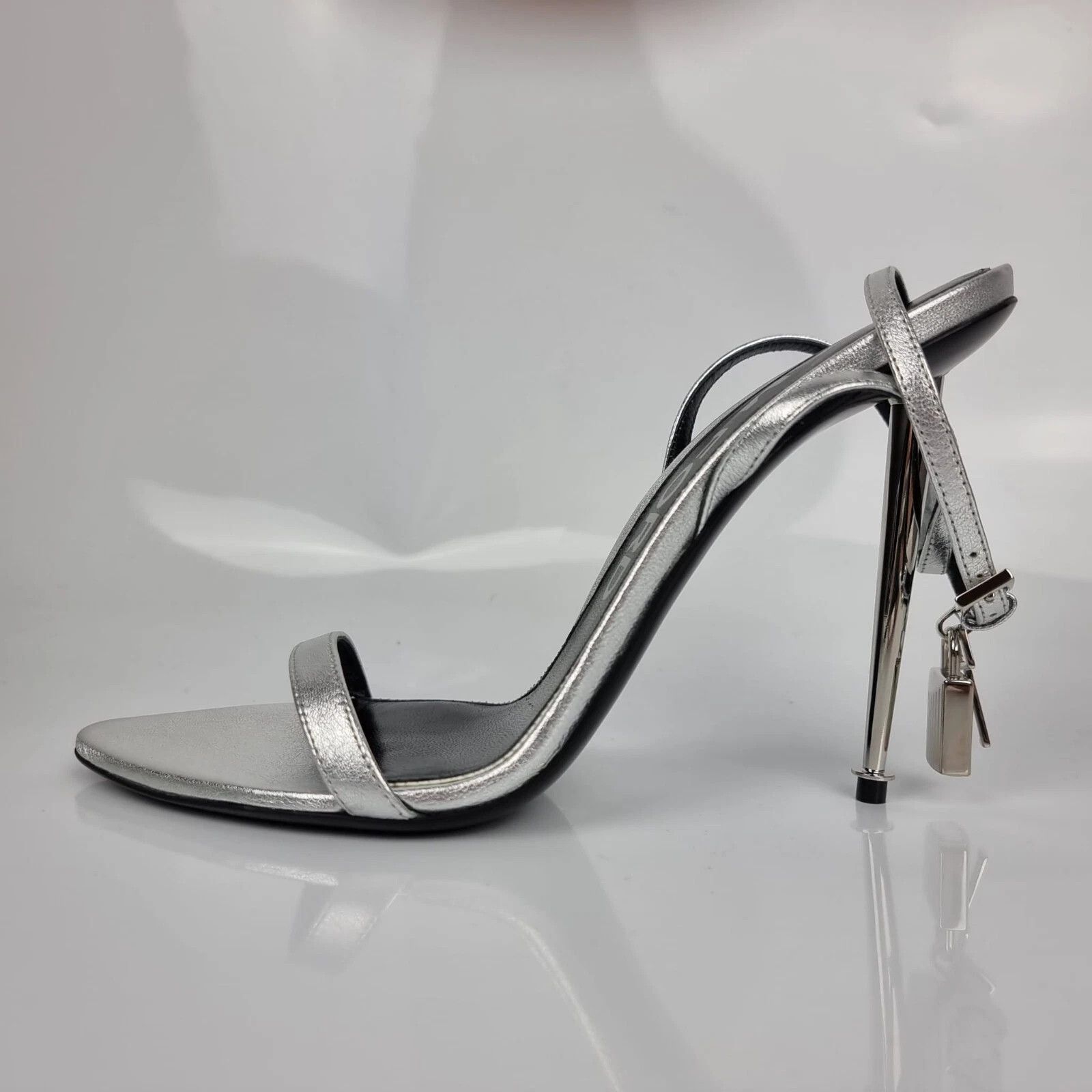Tom Ford TOM FORD Padlock Silver Laminated Leather 105mm Sandals Size US 7 / IT 37 - 3 Thumbnail