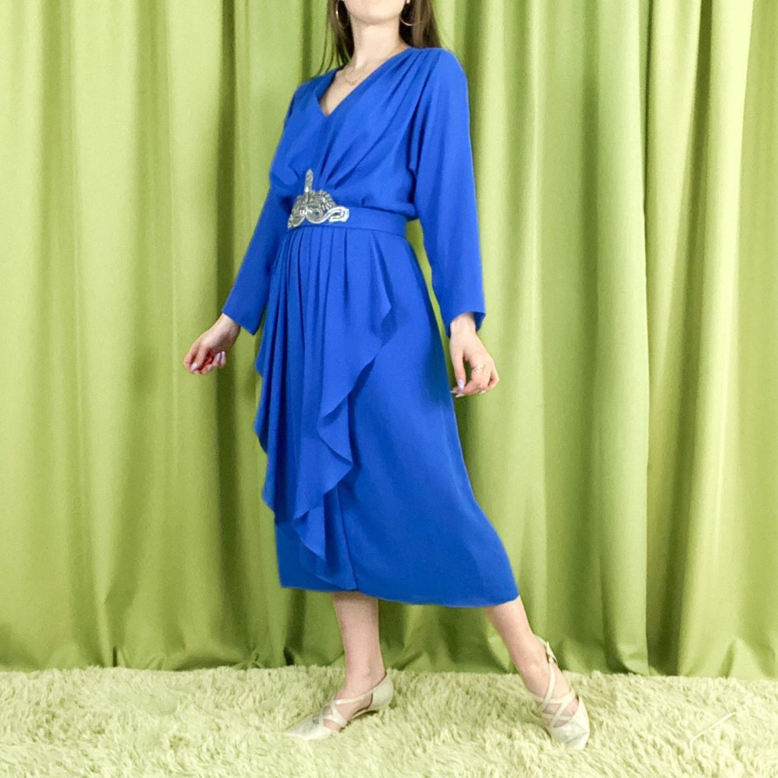Vintage 80s Vintage Royal Blue Bat Wing Midi Dress with Beaded Belt Size M / US 6-8 / IT 42-44 - 3 Thumbnail