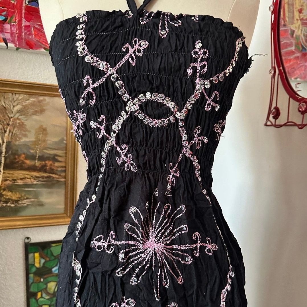 Handmade handmade pink black floral halter mini dress / top Size S / US 4 / IT 40 - 2 Thumbnail