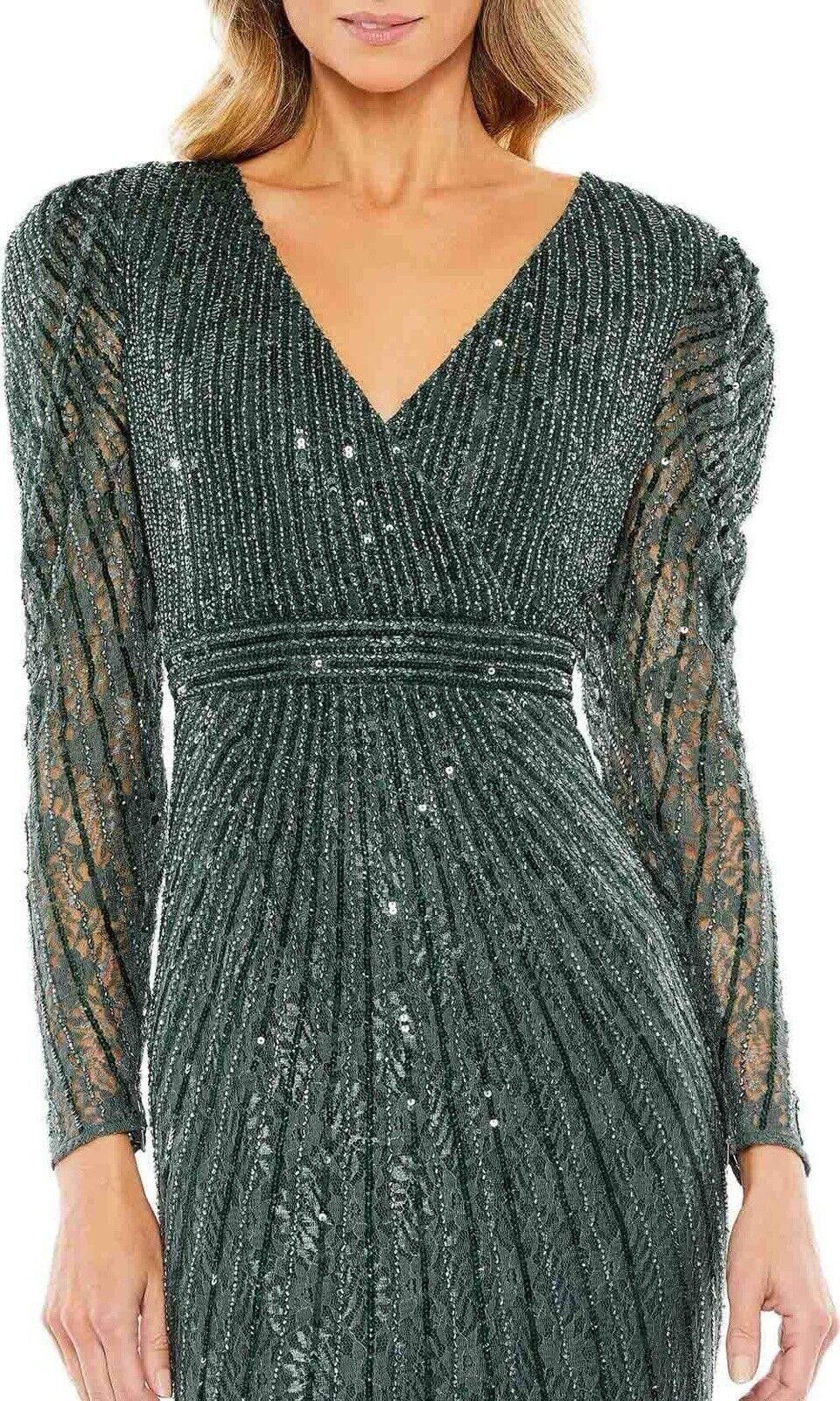 Designer NWT Mac Duggal Long Sleeve Beaded Lace Sequin Green Dress 4 Size S / US 4 / IT 40 - 8 Thumbnail
