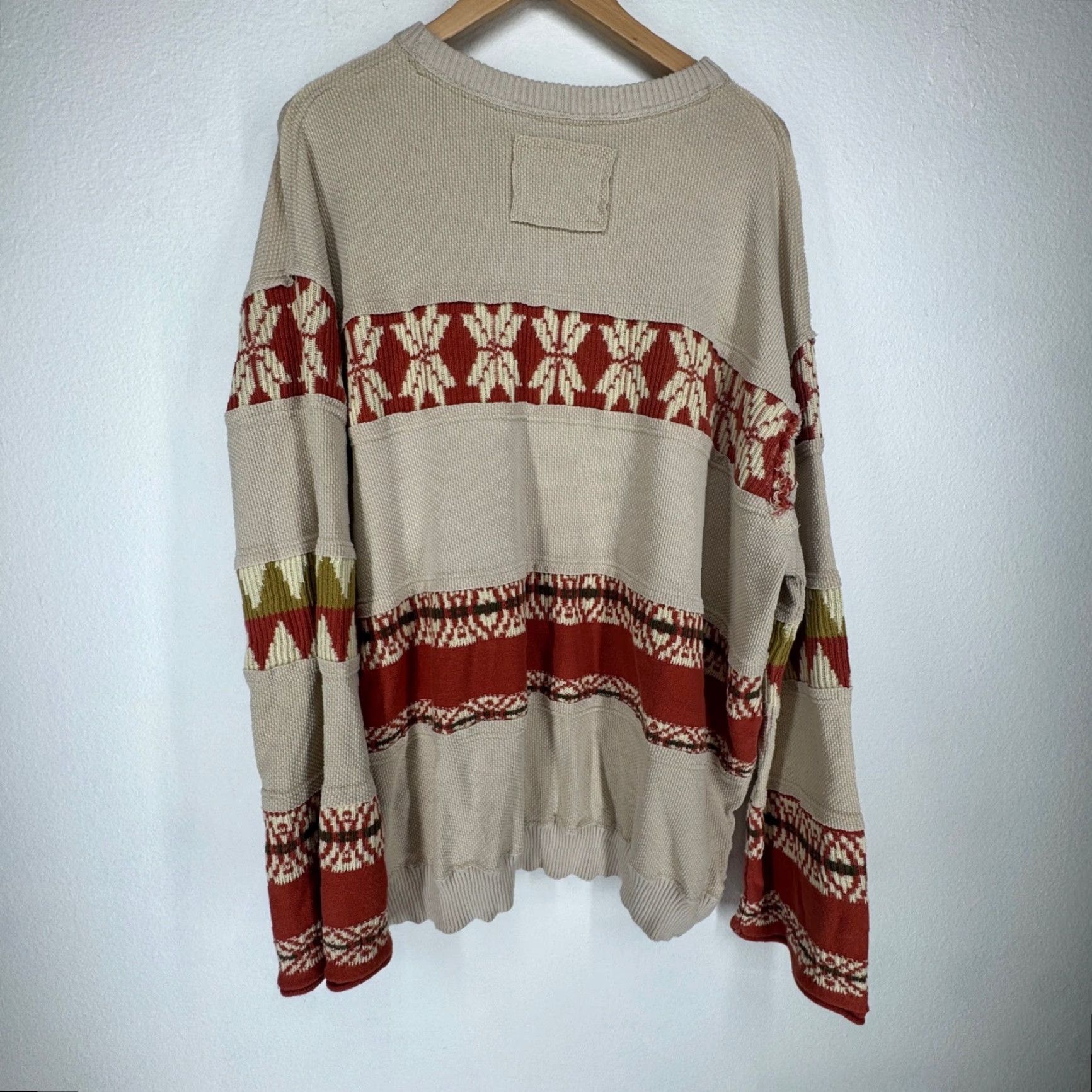 Vintage WE THE FREE Womens Pullover Sweater Casual Knit Geometric Beiges Beige Crew Neck Waffle Knit Oversized Relaxed Fit Bell Sleeve L Tribal Pattern Size L / US 10 / IT 46 - 5 Thumbnail