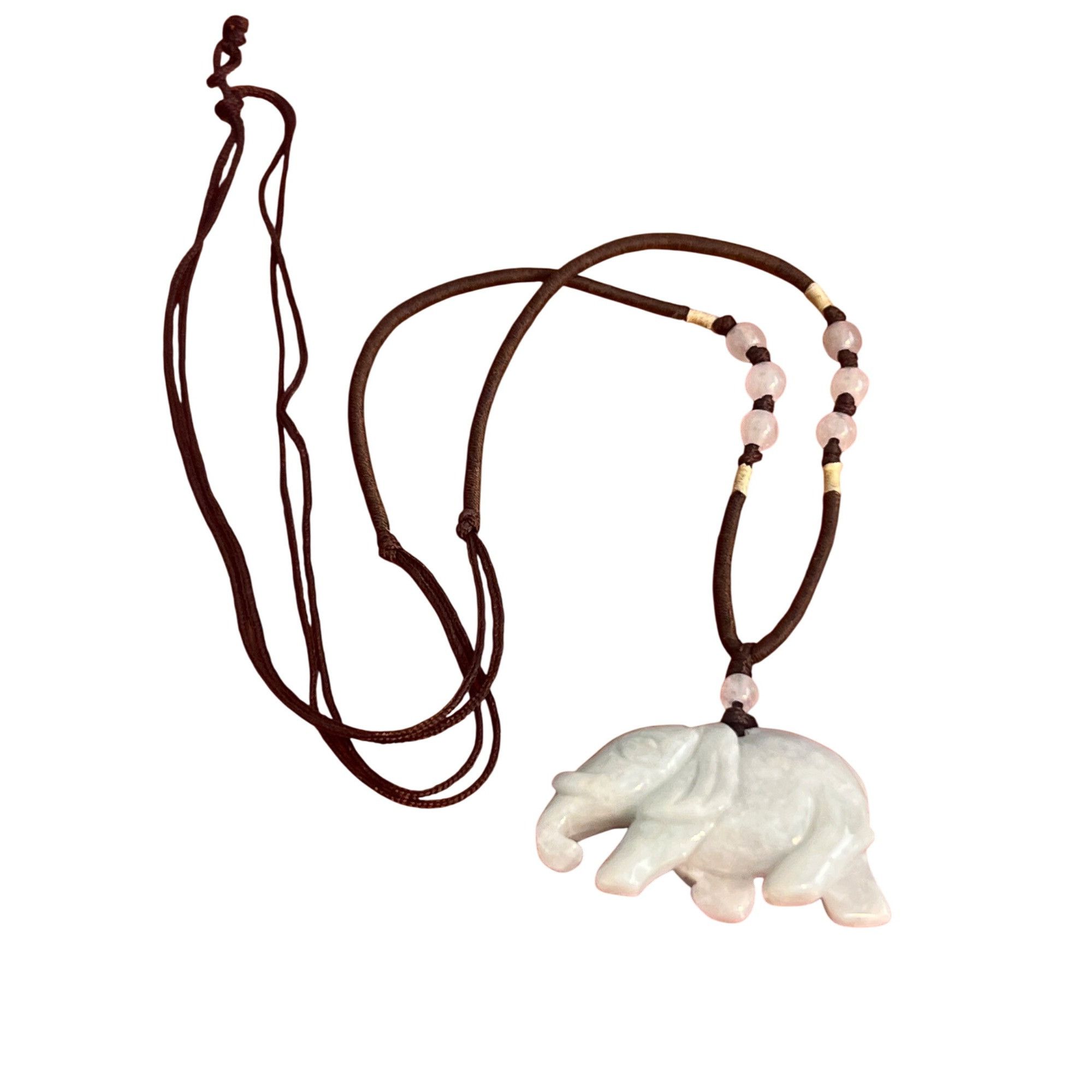 Elephant Light Green Jade Pendant Necklace Brown Cord Beads