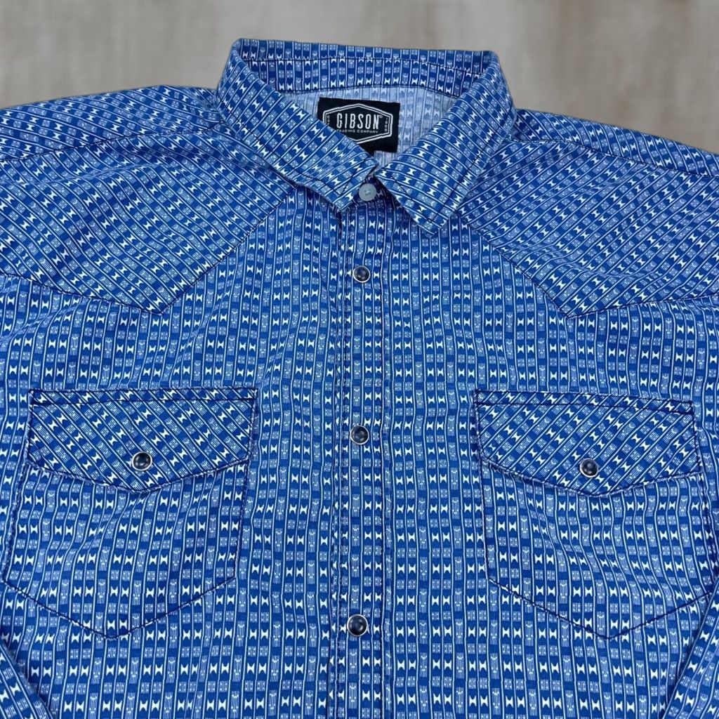 Vintage Gibson Shirt Men 2XL Blue Geometric Button-Up Western Cowboy Pearl Snap Casual Shirt Size US XXL / EU 58 / 5 - 1 Thumbnail