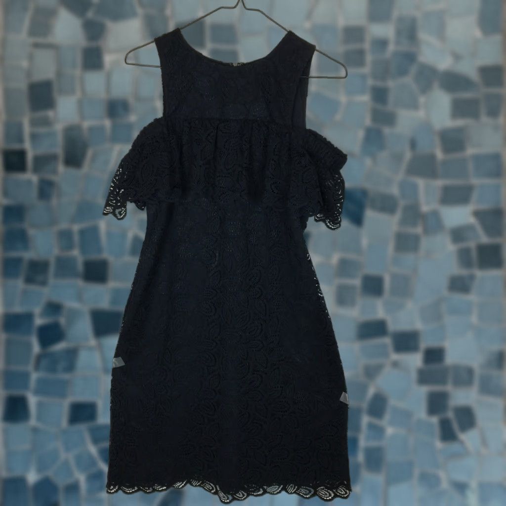 Ann Taylor Ann Taylor Dress Womans 4 Navy Blue Lace A-Line Mini Cold  Shoulder