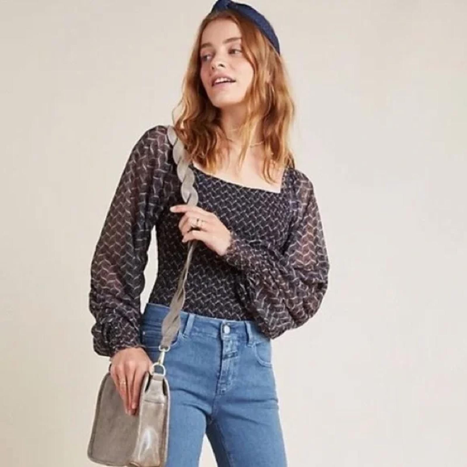 Designer Sheer Sleeve Patterned Blouse by Anthropologie Size L / US 10 / IT 46 - 9 Thumbnail