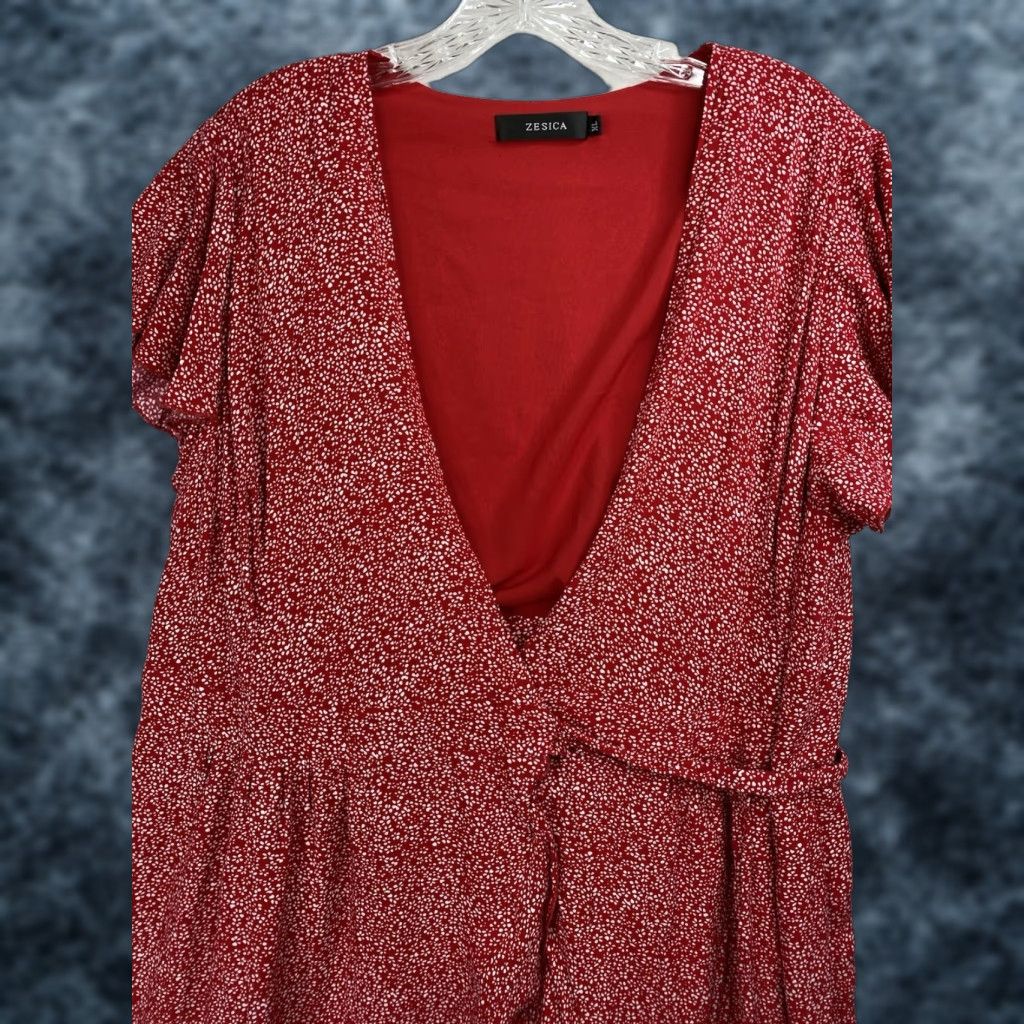 Vintage Zesica Dress Womens XL Red Speckled Wrap Ruffled V Neck Short Sleeve Lined Maxi A-Line Beach Bohemian Flower 90s? Size 40" / US 18 - 1 Thumbnail