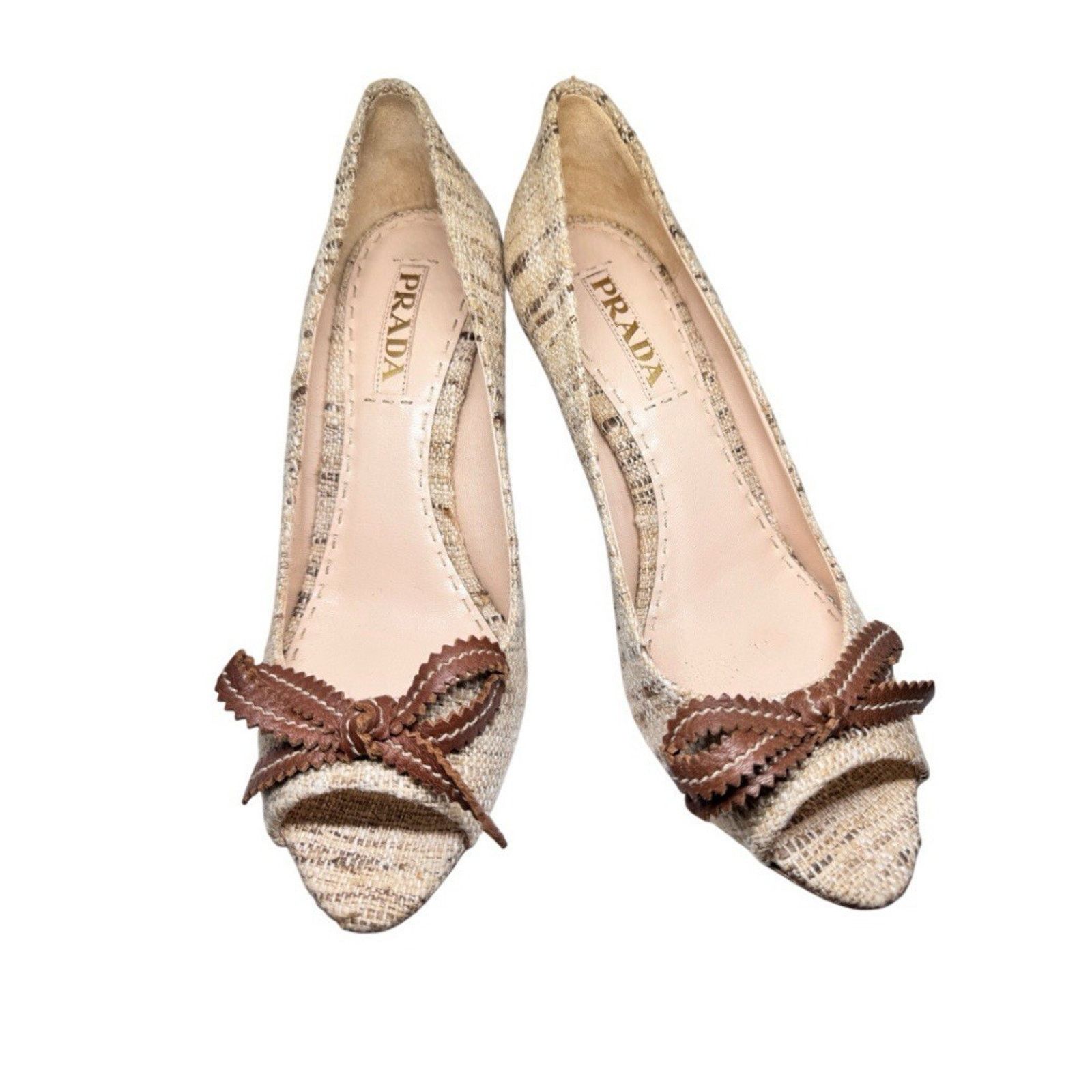 Prada PRADA TWEED BEIGE BROWN CORK WEDGE PEEP TOE SHOES 39 Size US 9 / IT 39 - 1 Thumbnail