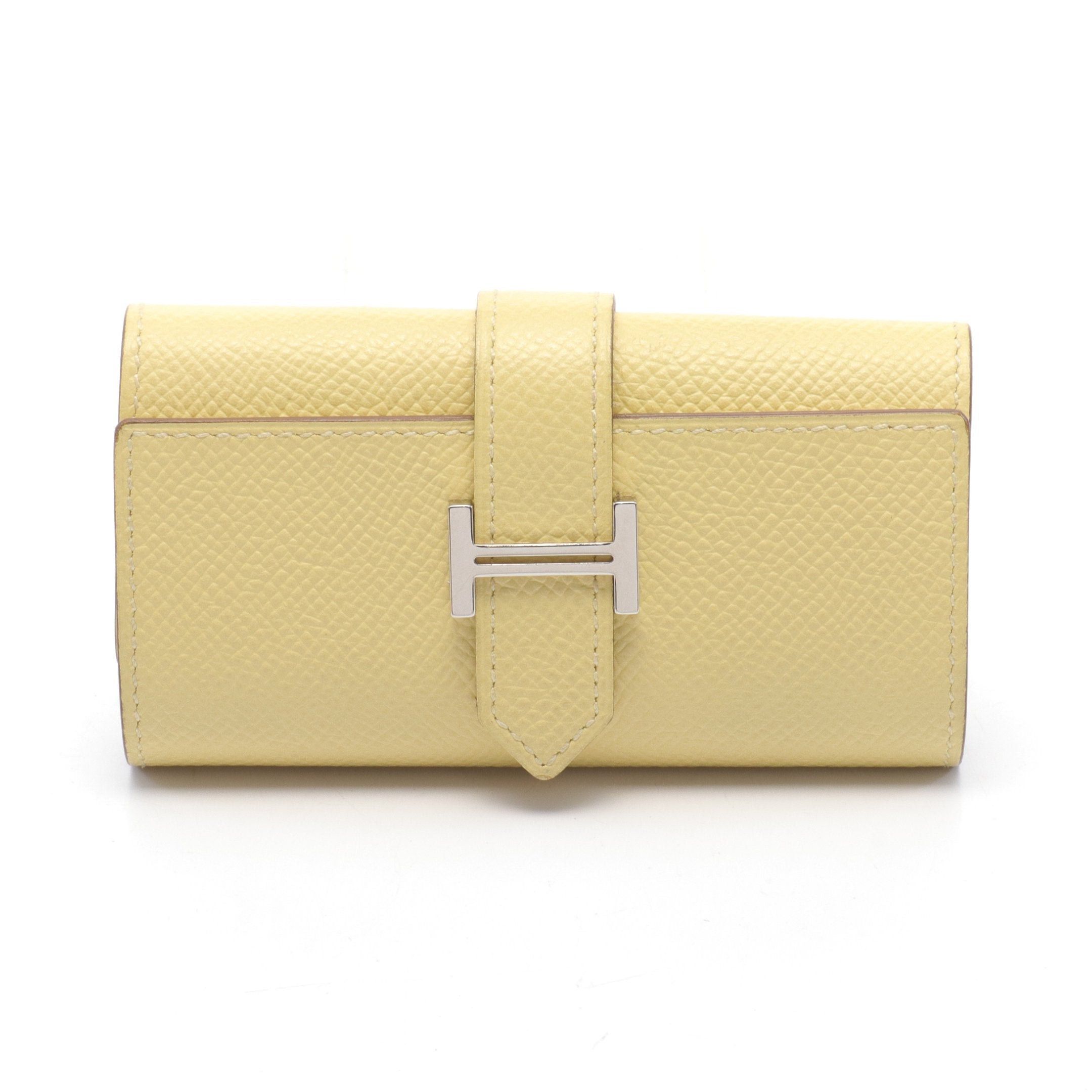 image of Hermes Bearn Jaune Poussin 4 Ring Chain Key Case Veau Epsom Light Yellow Silver Hardware R Engraved
