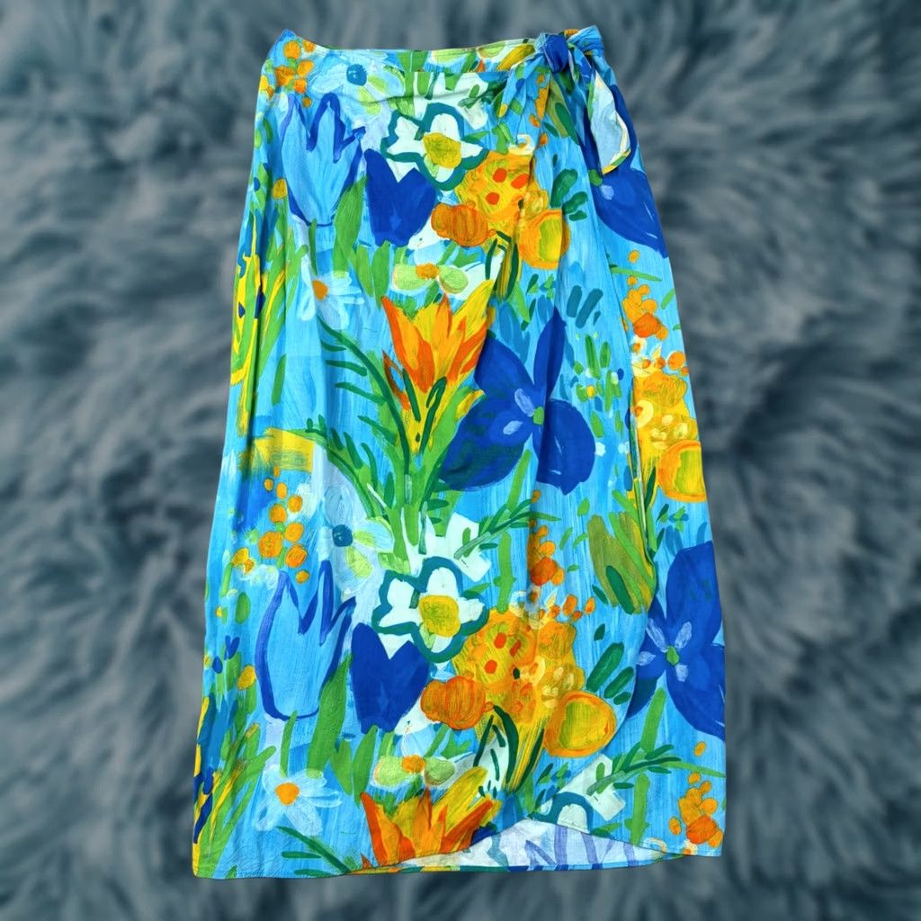 Jams World VINTAGE Jams World Wonderland Floral Wrap Skirt Blue Orange Rayon Made in Hawaii Large Size 36" / US 14 / IT 50 - 1 Thumbnail
