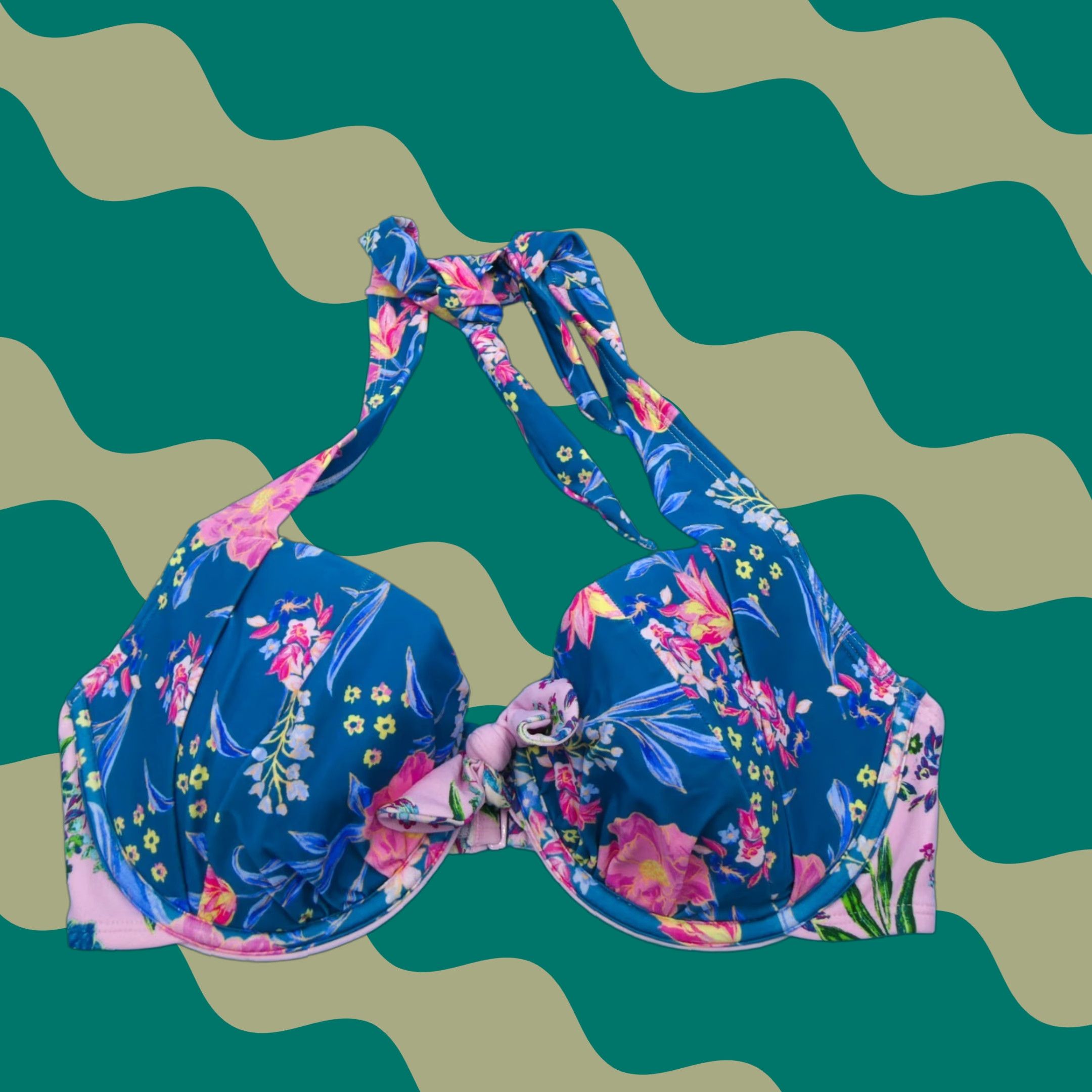 Adore Me 32DDD Blue Floral Underwired Halter Push Up Bikini Top Swimwear Beach Womens