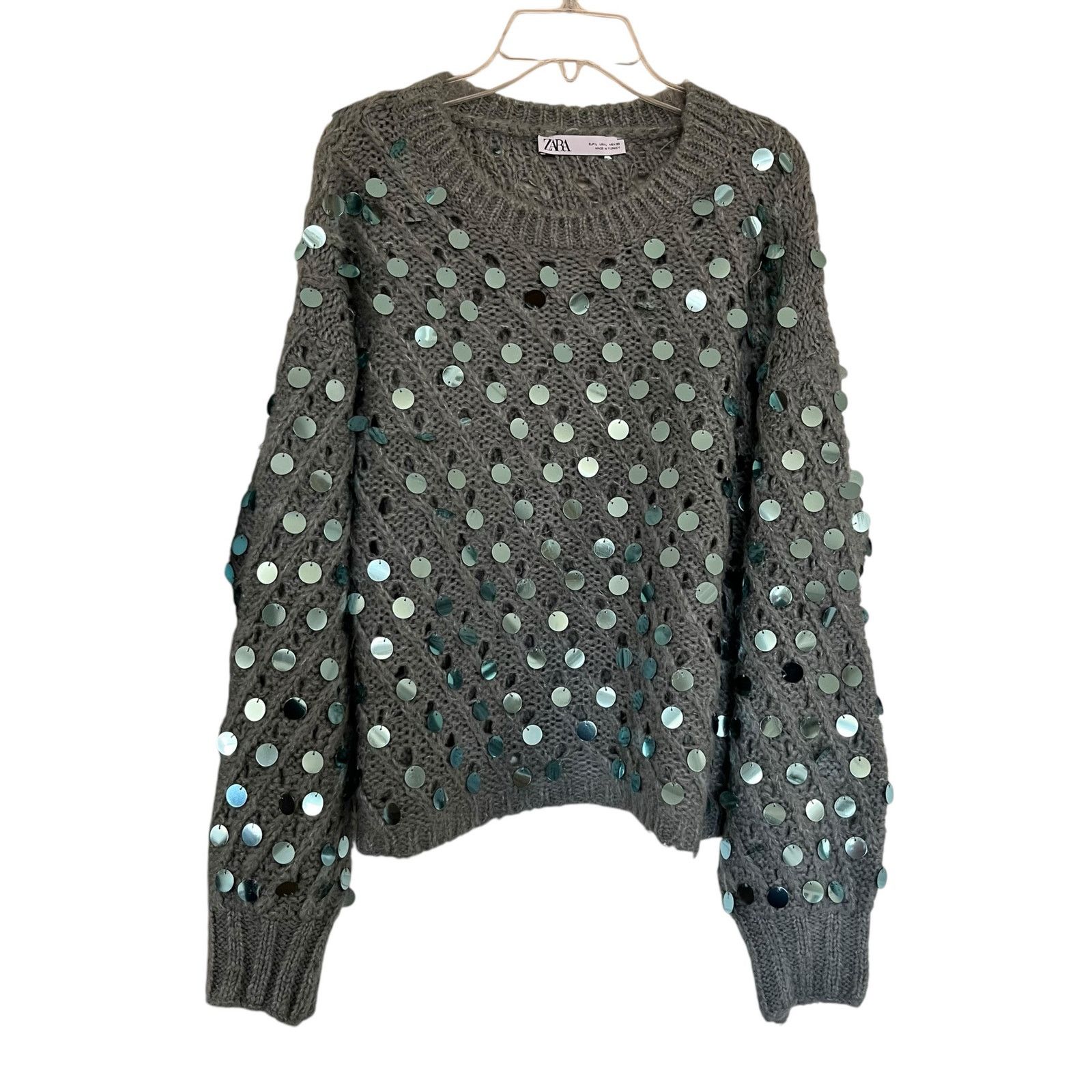 Zara Zara Green Sequined Crewneck Knit Pullover Sweater Size L / US 10 / IT 46 - 1 Thumbnail