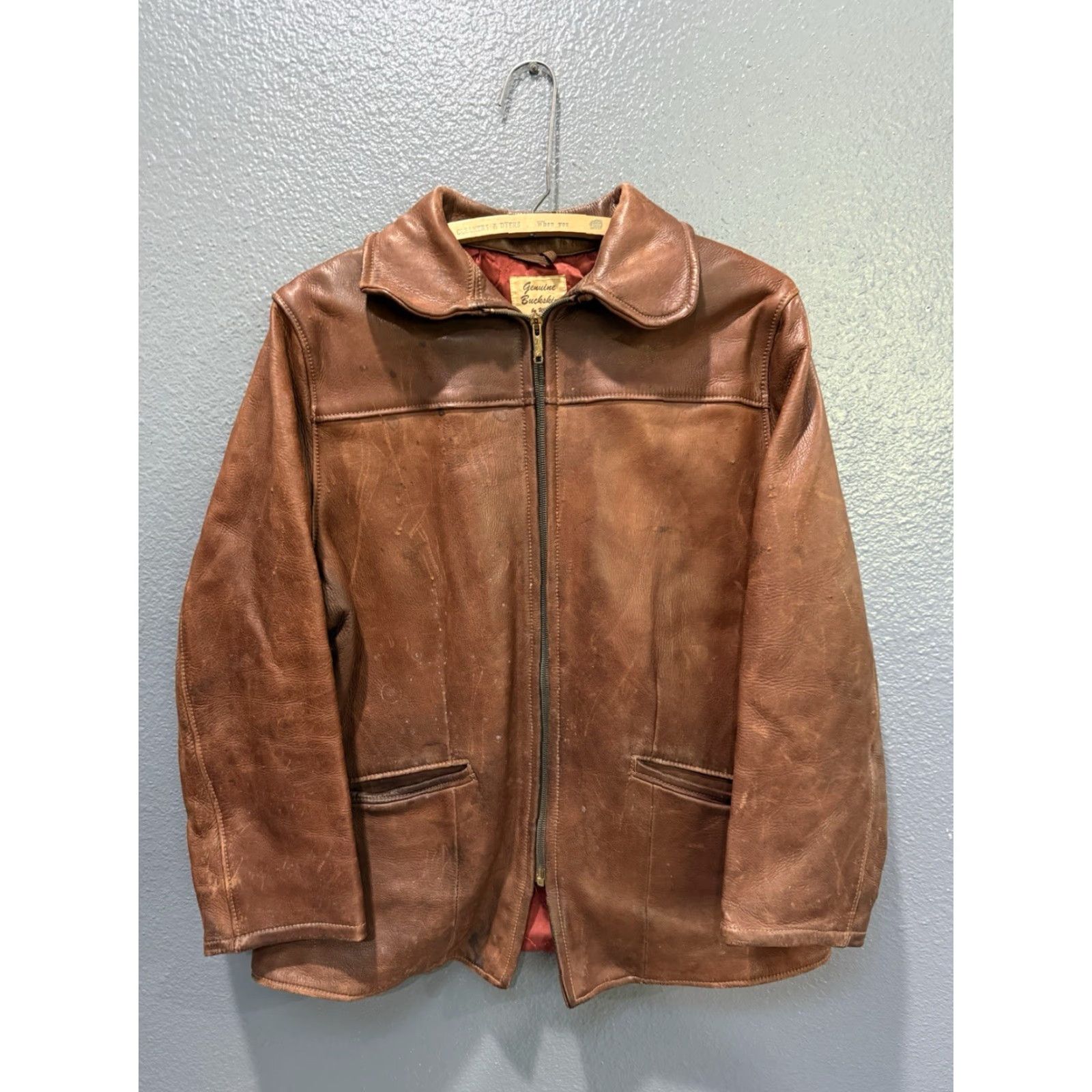 Vintage VINTAGE Uber Leather Jacket Men’s S Brown Zip 60s/60’s Leather Buckskin Style Jacket Mens S Size Brown Clothing Jacket Size US S / EU 44-46 / 1 - 4 Thumbnail