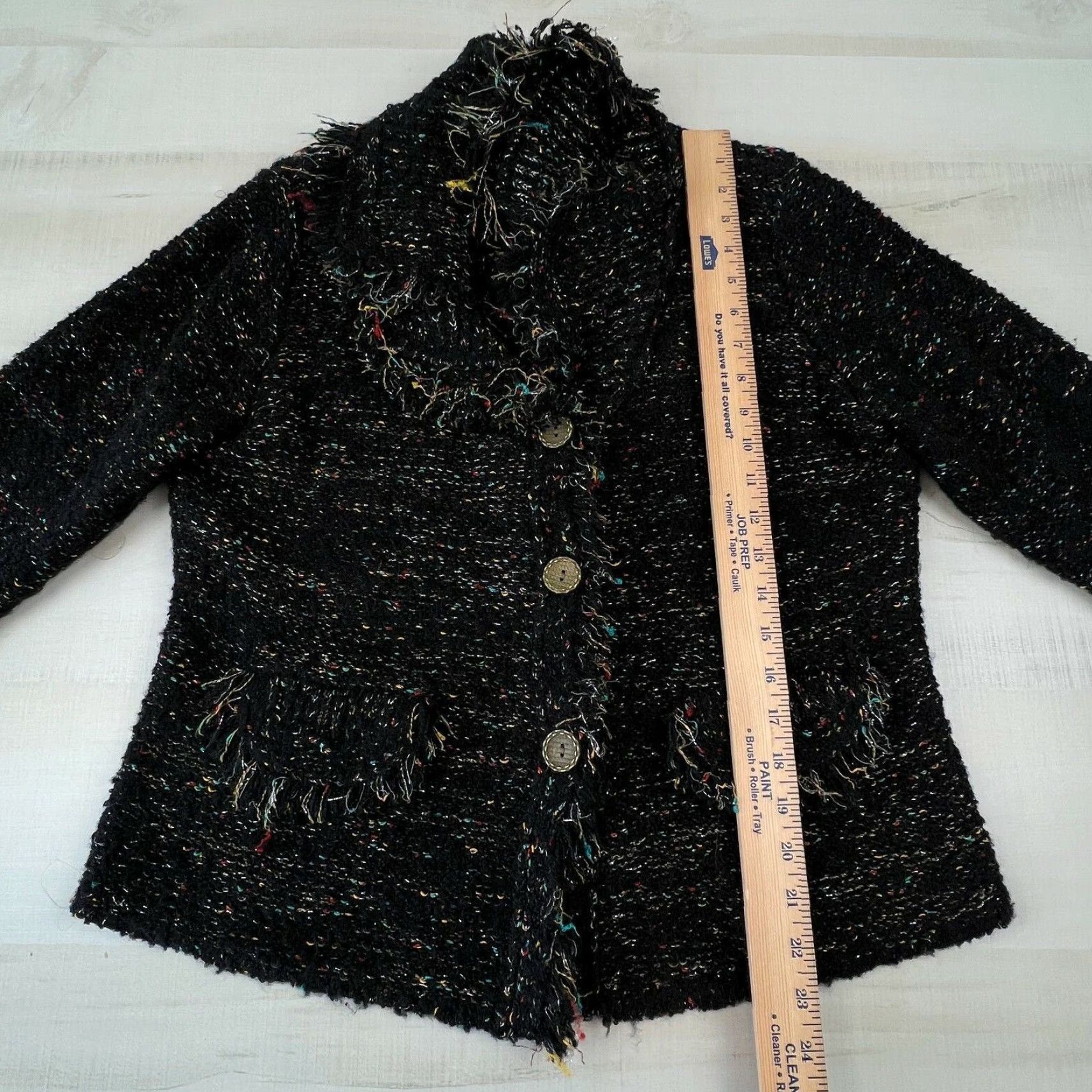 Vintage Roz & Ali Womens Long Sleeve Cardigan Sweater Large Black Fringe Metallic Thread Ladies Size L / US 10 / IT 46 - 6 Thumbnail