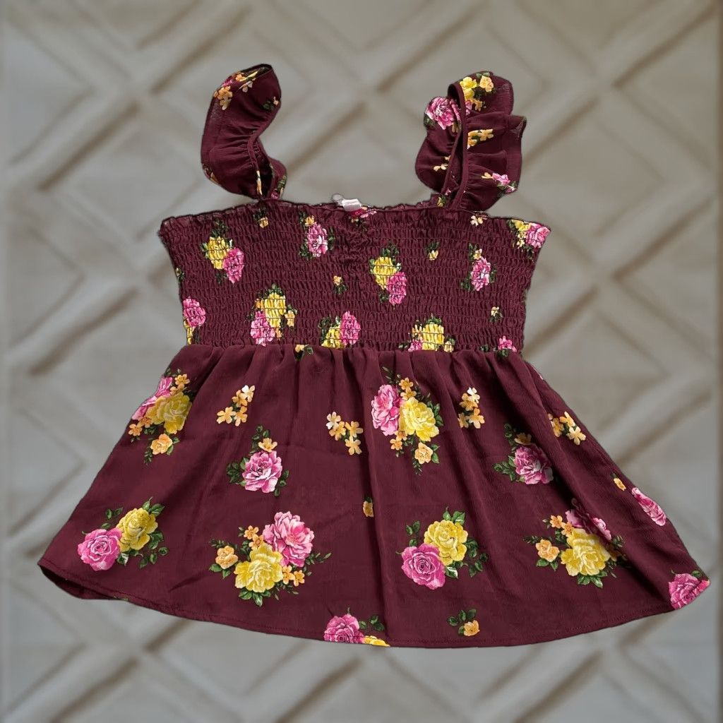 Vintage No Boundaries Smocked Floral Top Womens Juniors 2XL Maroon Sleeveless Ruffles Size XXL / US 16-18 / IT 52-54 - 1 Thumbnail