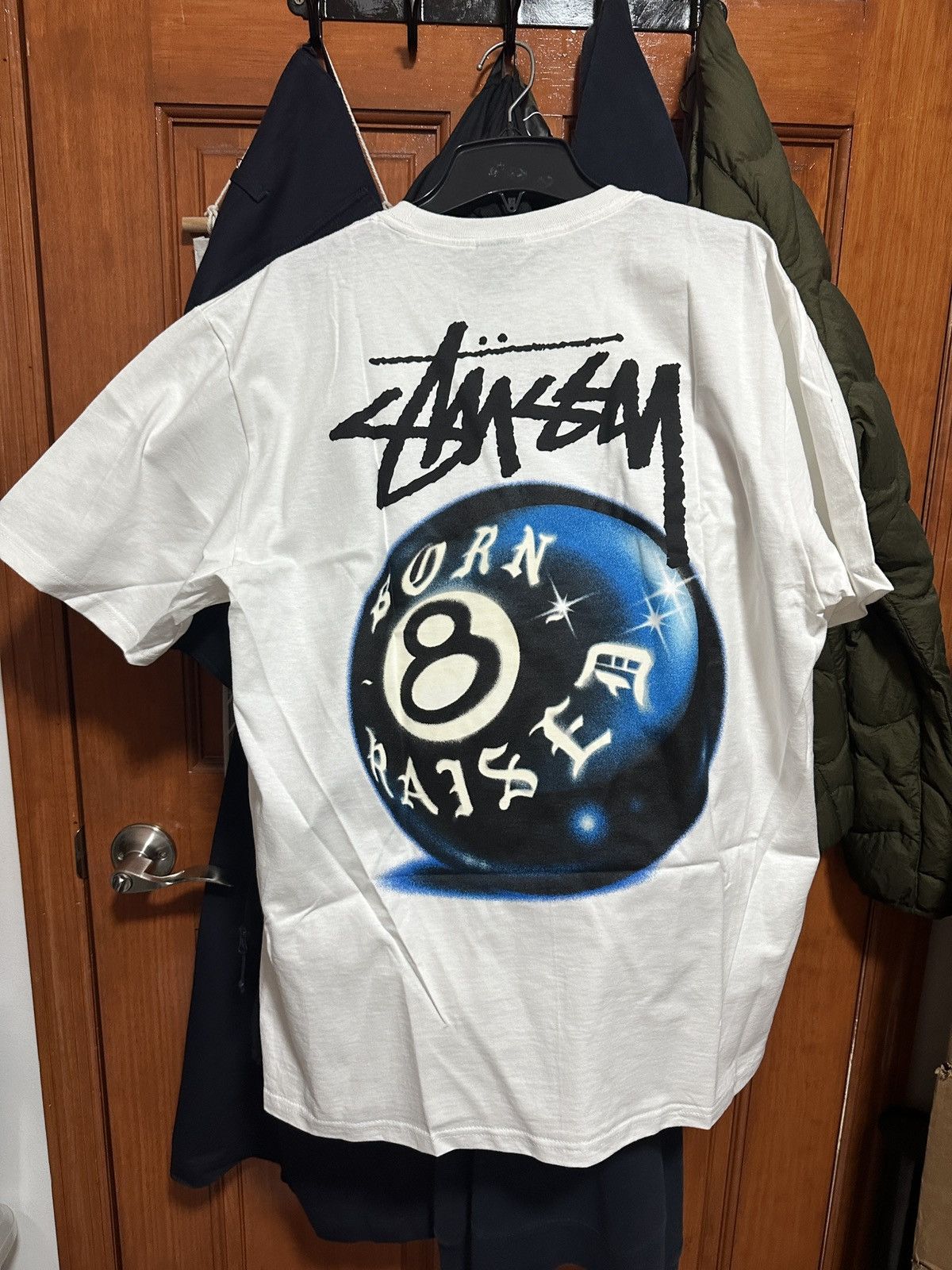 image of Stüssy & Born X Raised 8 Ball Tee in White, Men's (Size Large)