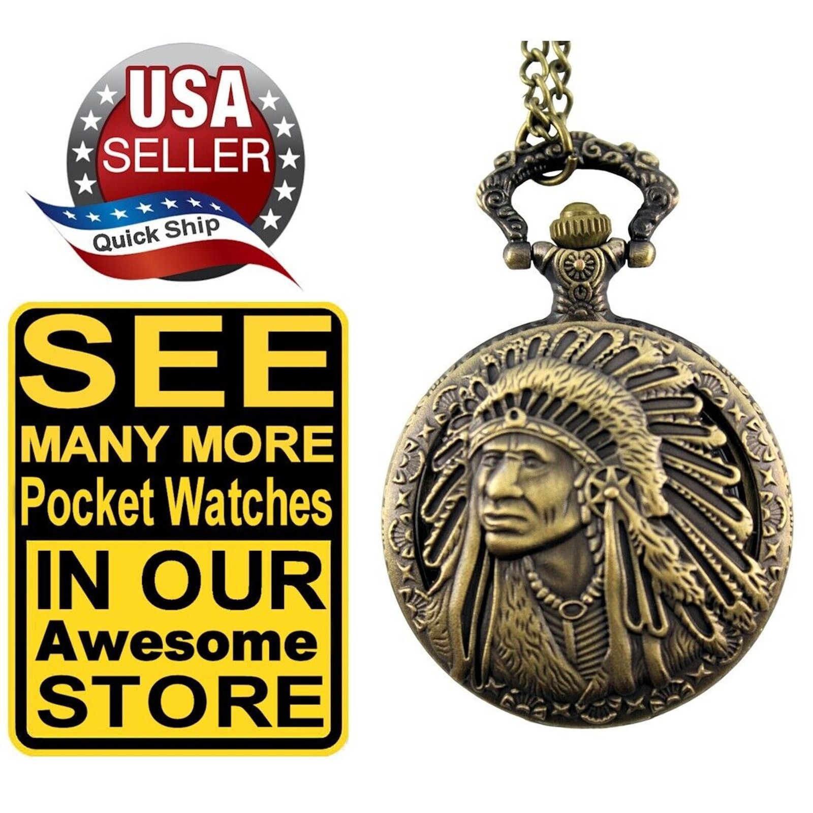 Other Native American Indian Chief Pocket Watch & Chain Size ONE SIZE - 1 Thumbnail