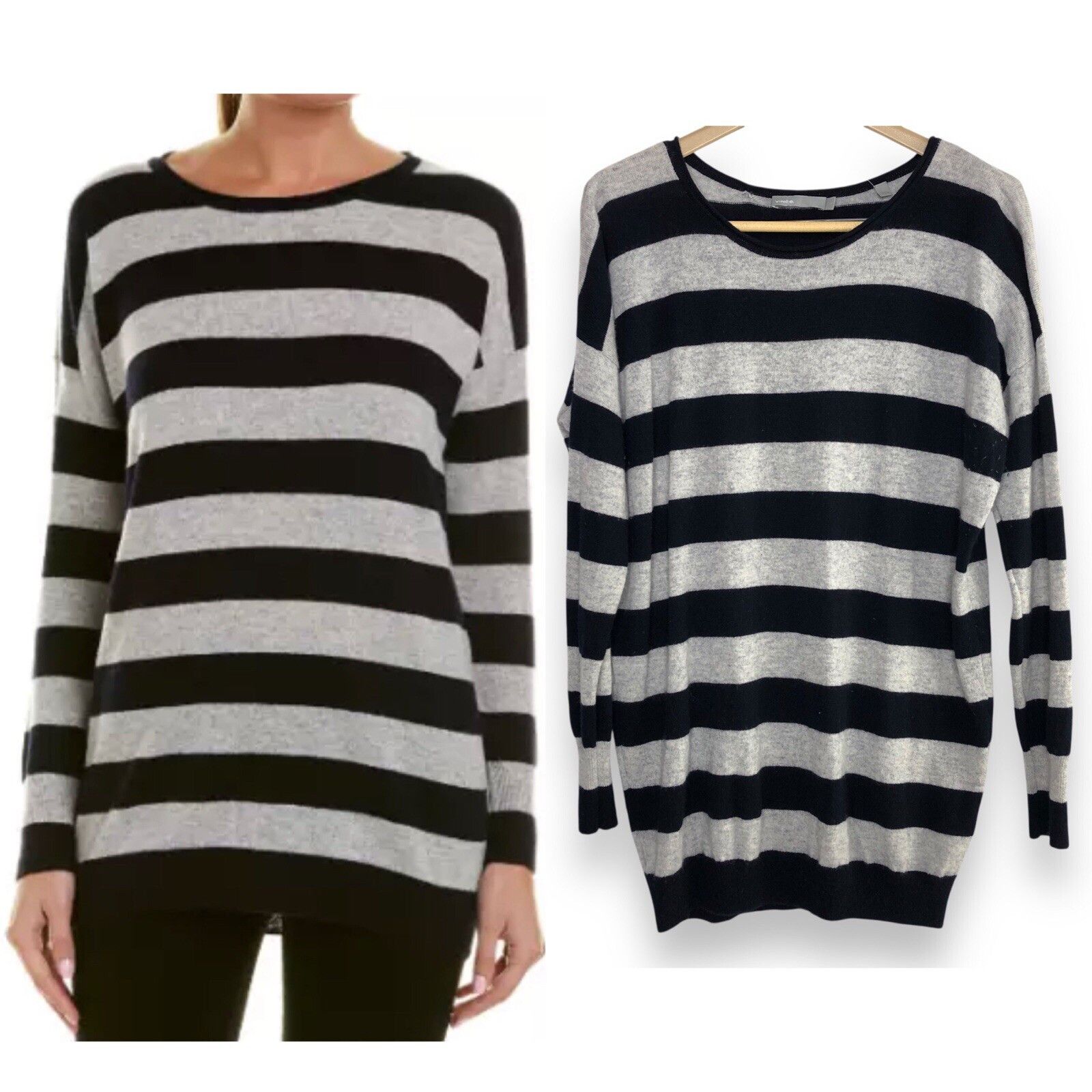 Vince VINCE Womens 100% Cashmere Sweater Sz L Black Gray Stripe Size L / US 10 / IT 46 - 1 Thumbnail