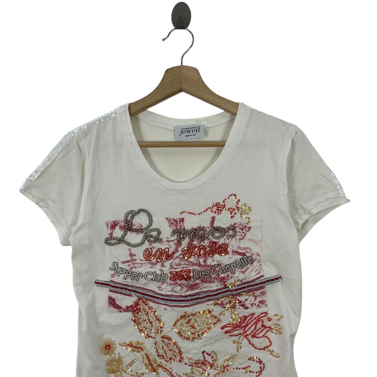 Vintage Vintage JEWELL EXCLUSIVE ITALY Sequinned Flower Tee Shirt Size XS / US 0-2 / IT 36-38 - 2 Thumbnail