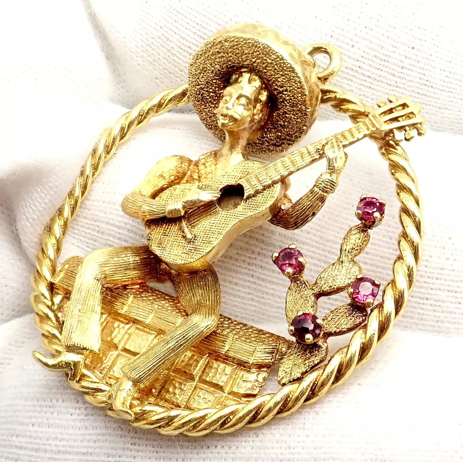 Vintage Rudi Cherny Yellow Gold Guitar Player Cactus Ruby Pendant Size ONE SIZE - 5 Thumbnail