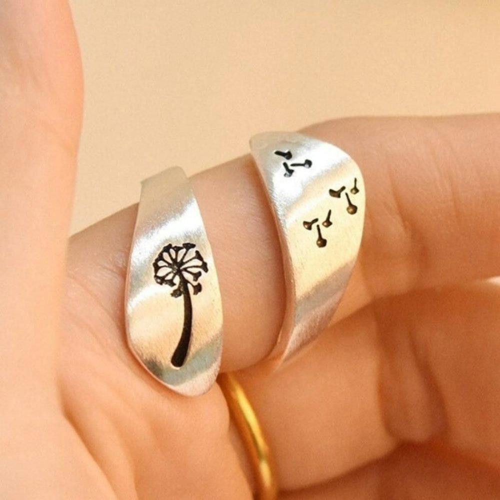 Designer Silver Carved Engraving Dandelion Open Ring Size ONE SIZE - 3 Thumbnail