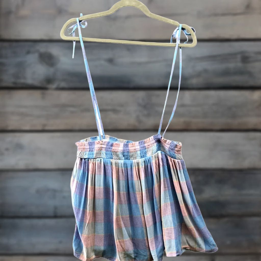 Loft NWT Loft Tie Strap Cami Top Womens MP Smocked Plaid Blue Rayon Tank Camisole Beach Holiday Summer Size M / US 6-8 / IT 42-44 - 1 Thumbnail