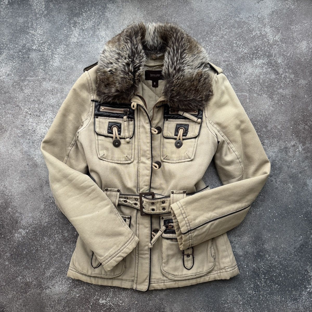 20471120 2000’s Aesthetic Vintage Faux Fur Utility Belted Jacket Size S / US 4 / IT 40 - 3 Thumbnail