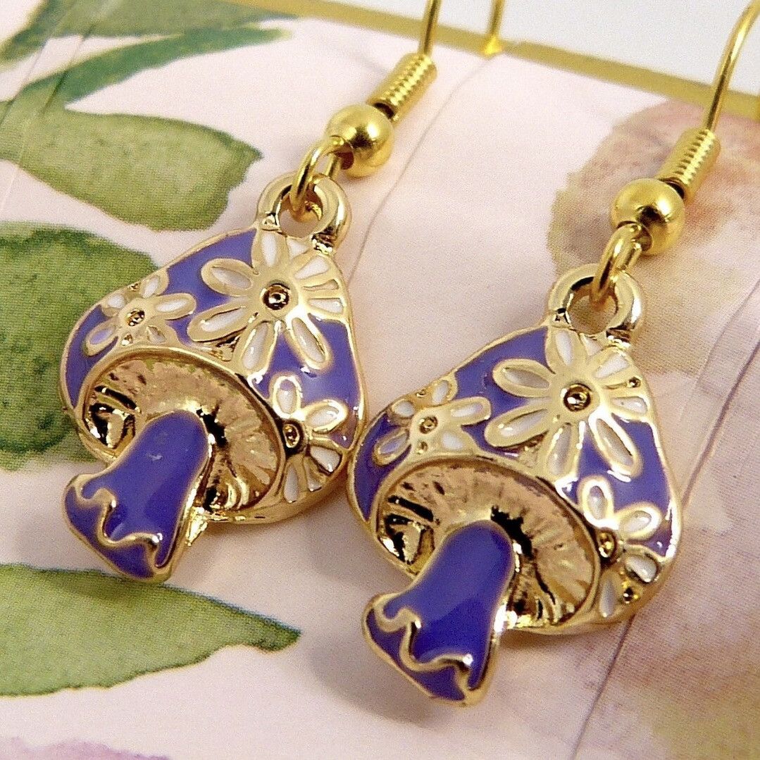 Other Gold Tone Purple Enamel Mushroom Floral Cute Dangle Earrings Size ONE SIZE - 6 Thumbnail